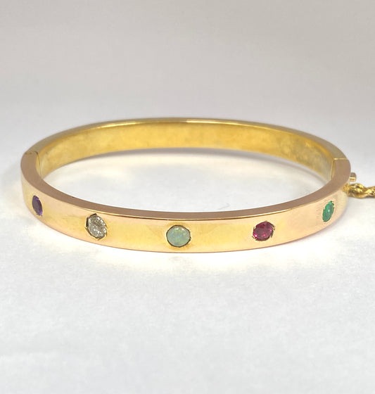 Antique, 15ct Gold Acrostic 'Adore' Bangle (Diamond, Amethyst, Opal, Emerald, Ruby)