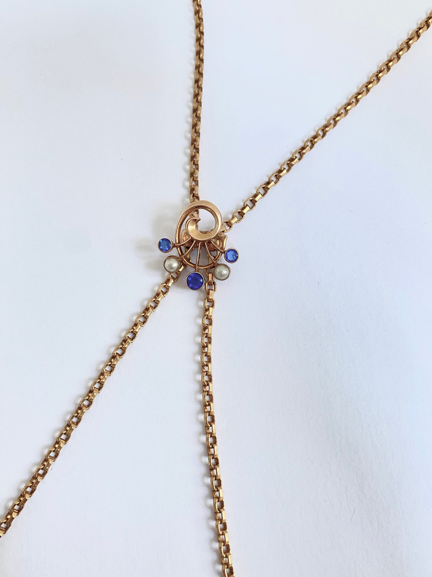 Antique, Unique Rolled Gold Longuard Chain, with Sapphire Paste and Faux Pearl slider (18.79g) 52 inches