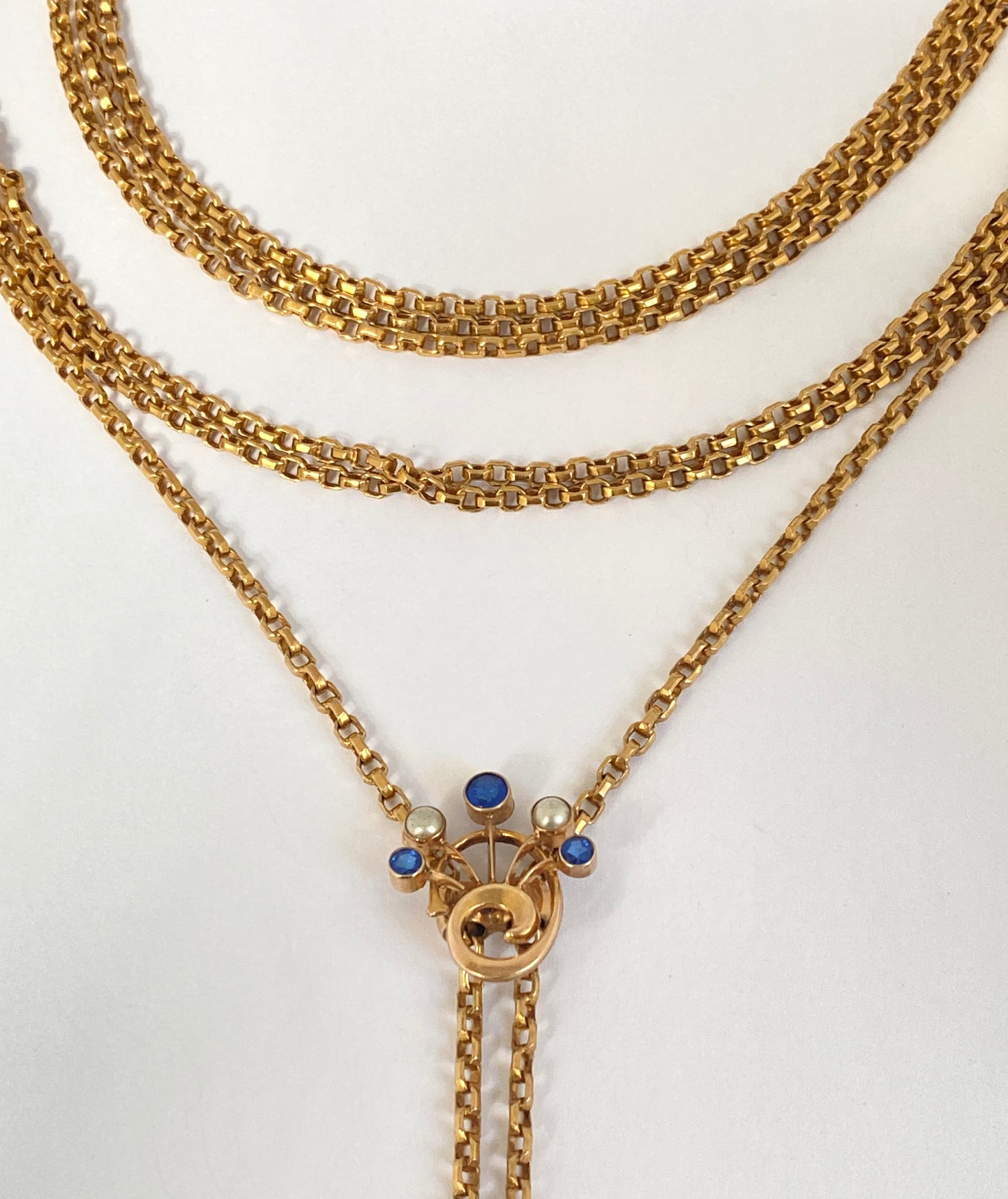 Antique, Unique Rolled Gold Longuard Chain, with Sapphire Paste and Faux Pearl slider (18.79g) 52 inches