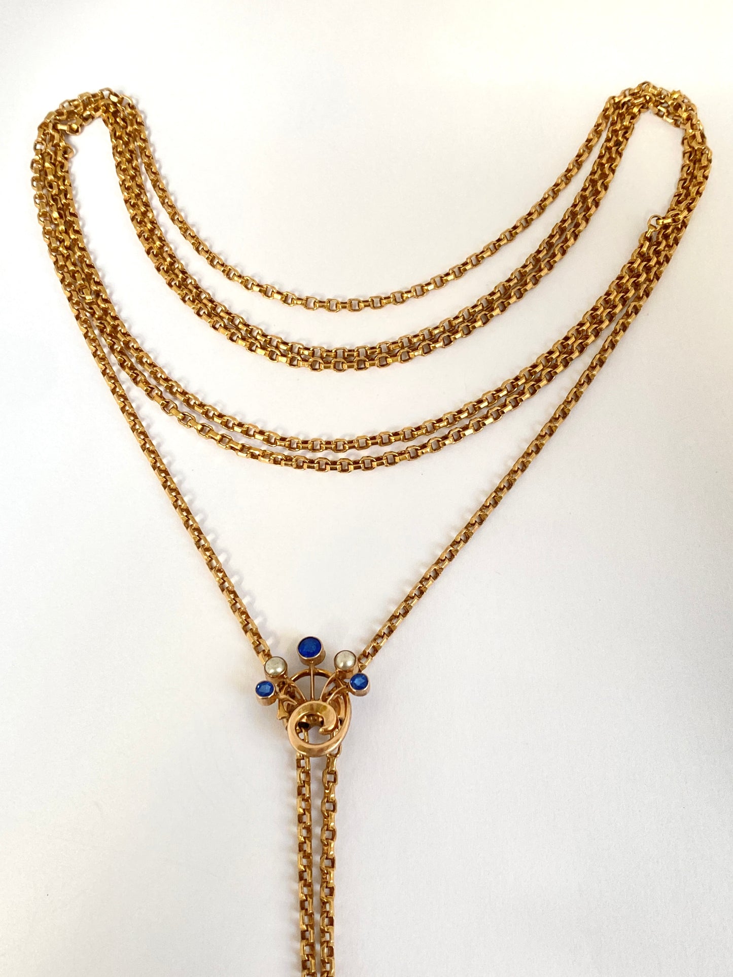 Antique, Unique Rolled Gold Longuard Chain, with Sapphire Paste and Faux Pearl slider (18.79g) 52 inches