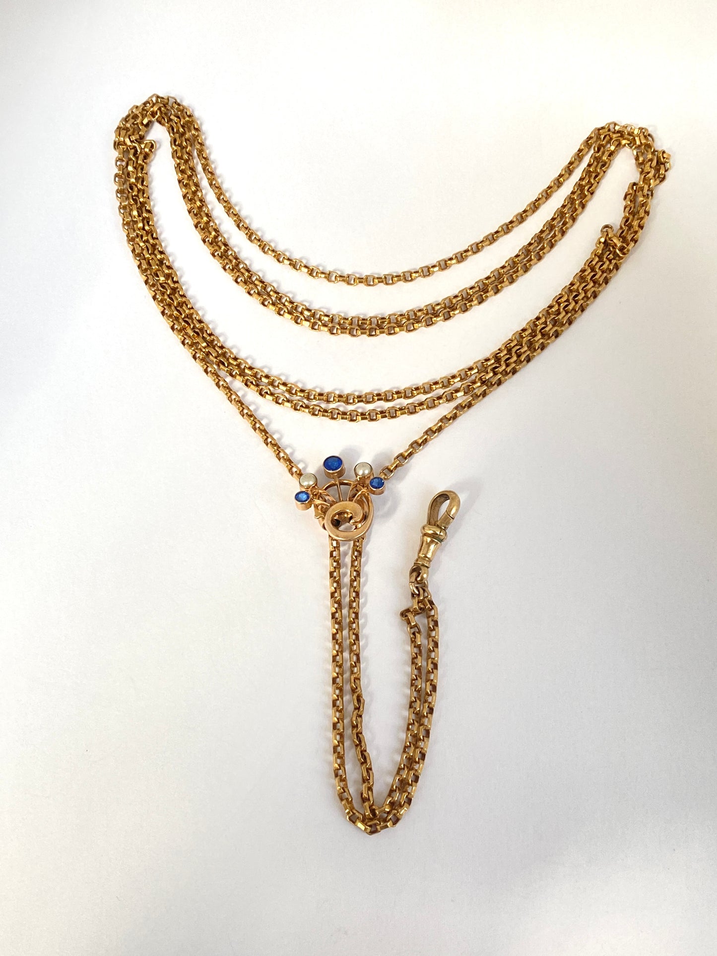 Antique, Unique Rolled Gold Longuard Chain, with Sapphire Paste and Faux Pearl slider (18.79g) 52 inches