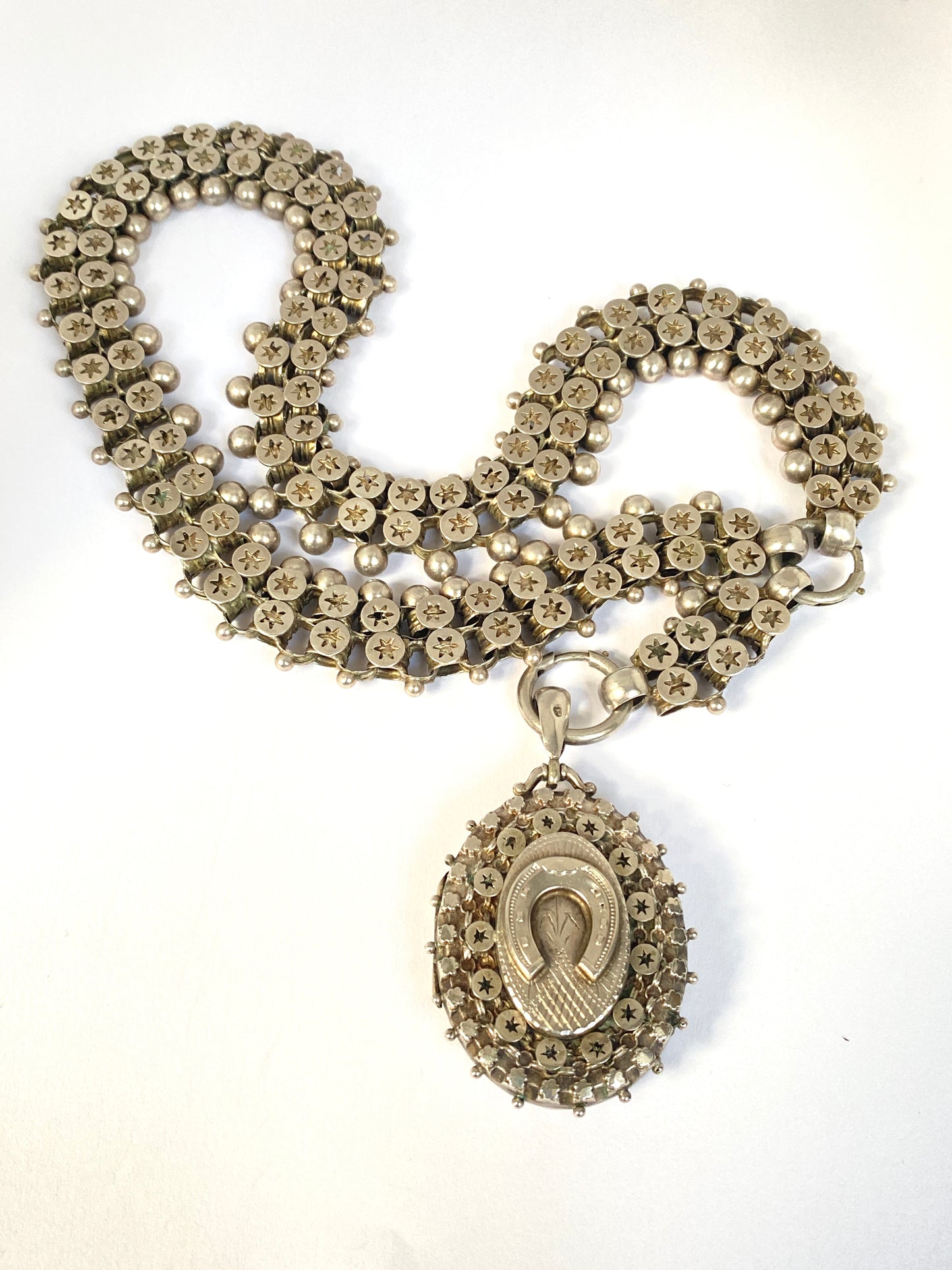 Hallmarked, Victorian, 17.5 inches Sterling Silver Antique Book Chain with Horse Shoe Locket (55.80g)