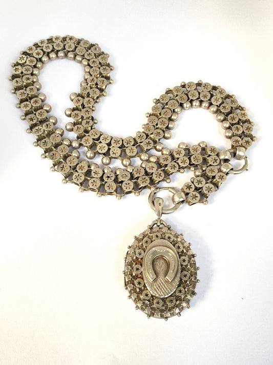 Hallmarked, Victorian, 17.5 inches Sterling Silver Antique Book Chain with Horse Shoe Locket (55.80g)