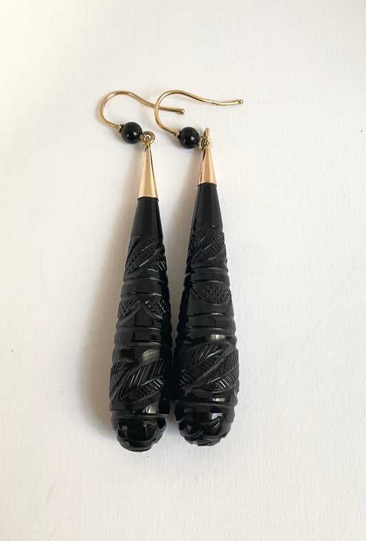 Victorian, 9ct Jet Torpedo Drop Earrings