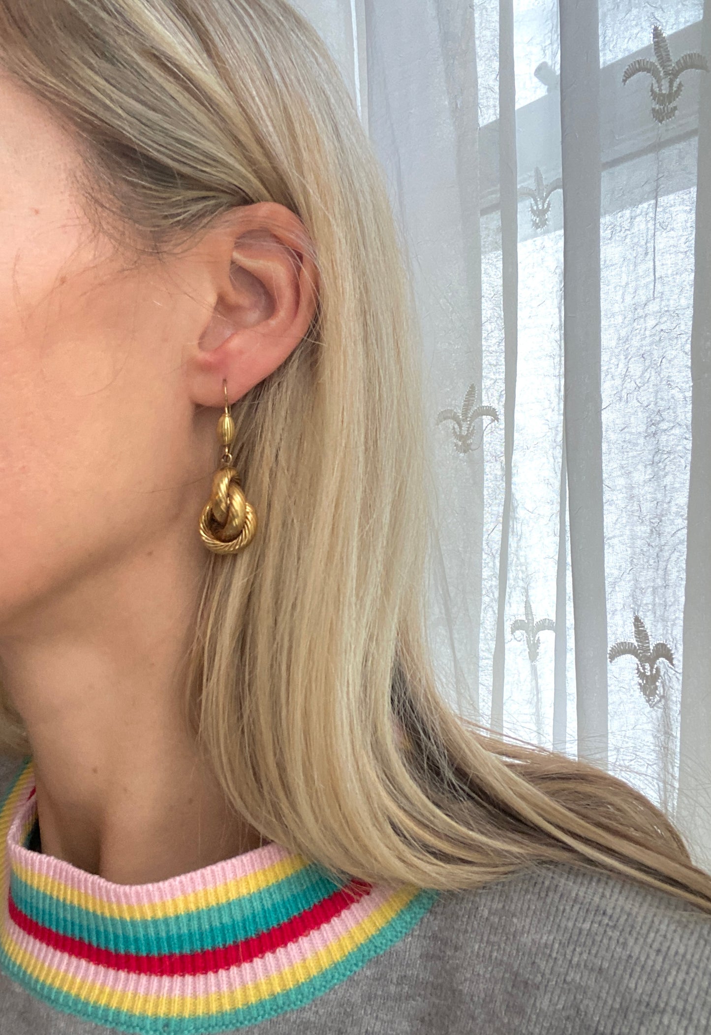 Vintage 9ct Gold, Textured Lovers Knot Dangle Earrings