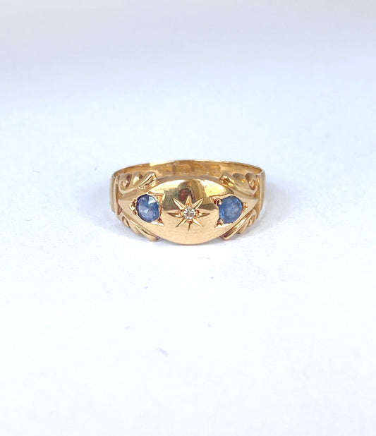 18ct Gold, Victorian, Sapphire and Diamond Gypsy Starburst Ring, Hallmarked, Chester, 18ct Gold, 1914