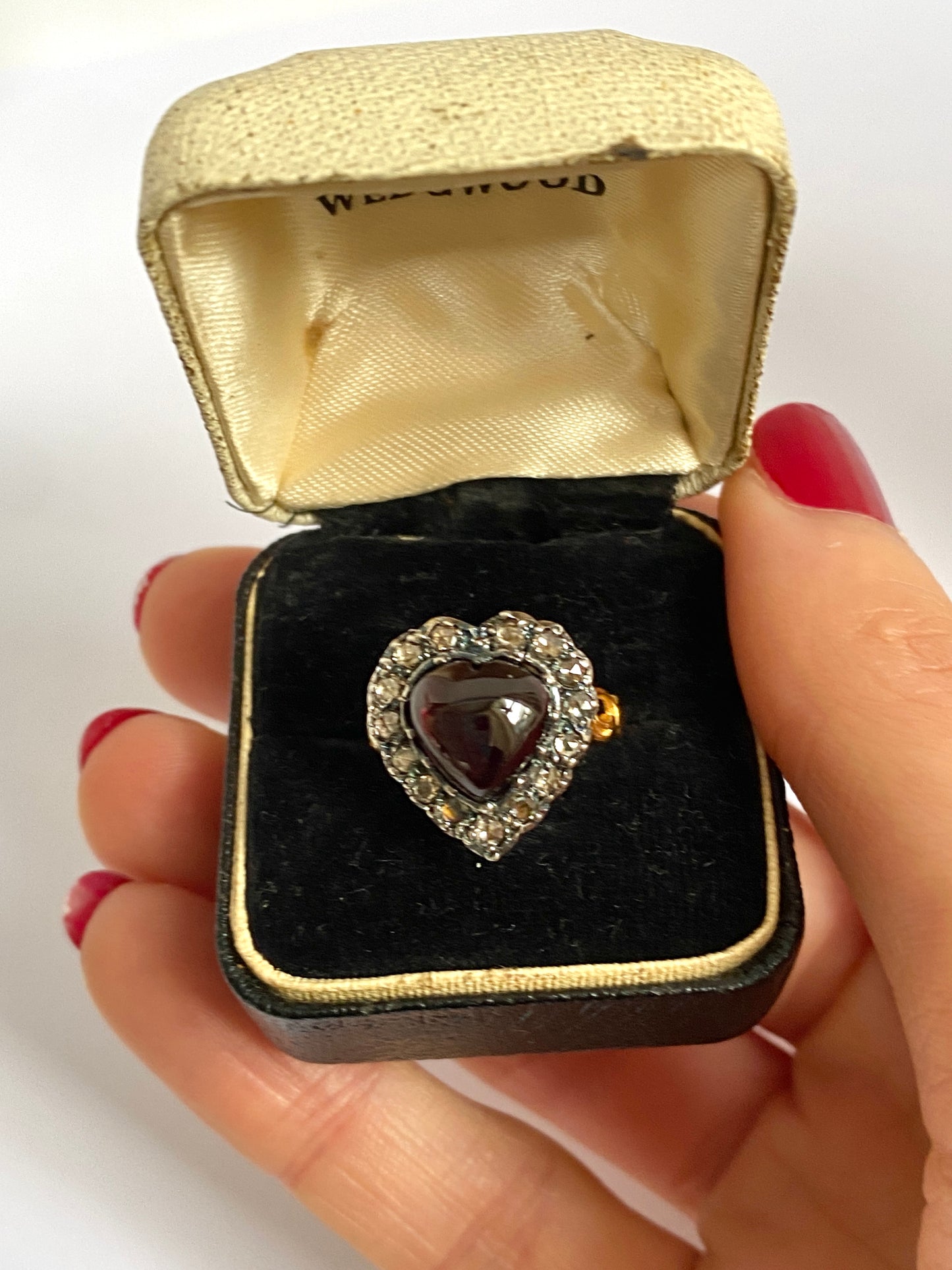 RESERVED STEPHANIE Antique 15ct Gold, rose Cut Diamond and Garnet Heart Cabachon Ring Draft