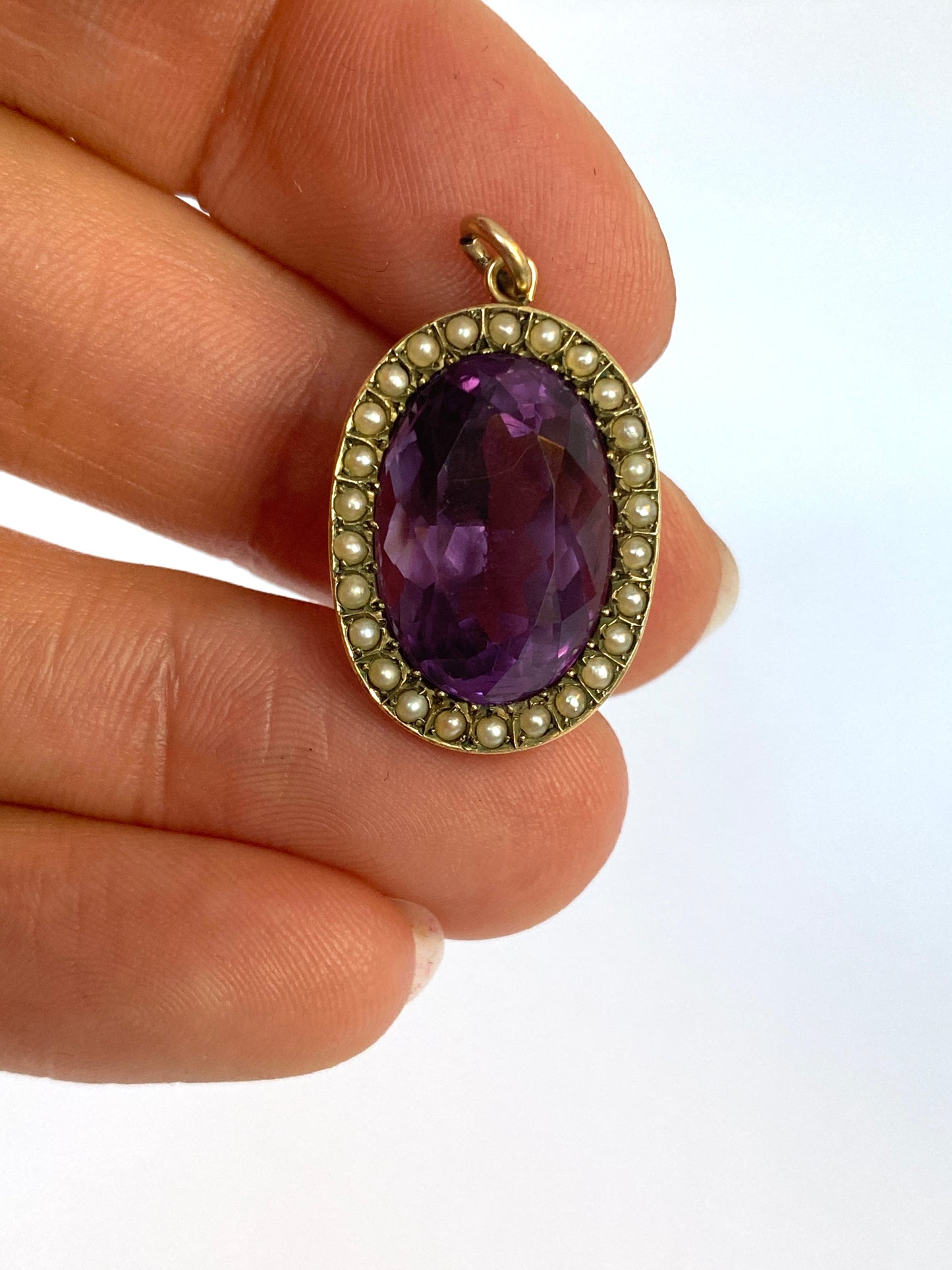 Large, Antique, Victorian 15ct Gold, Amethyst and Seed Pearl Cluster Pendant