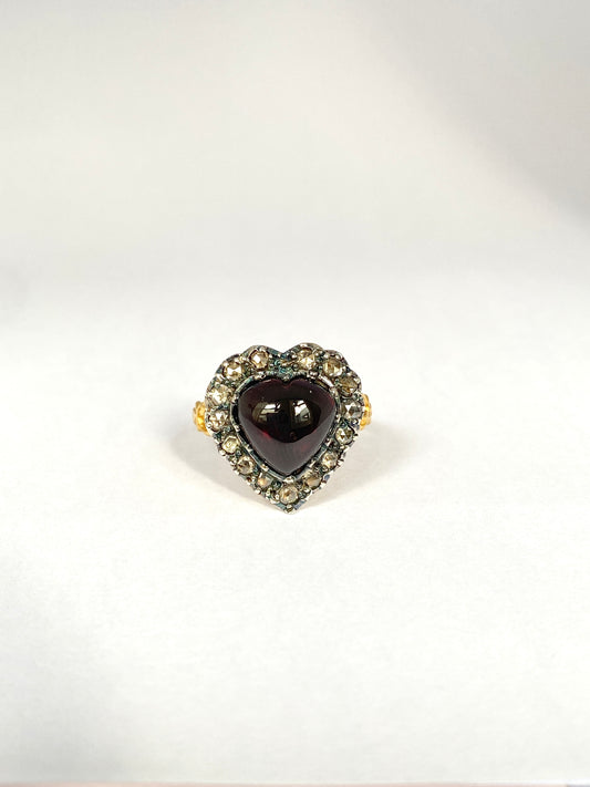 RESERVED STEPHANIE Antique 15ct Gold, rose Cut Diamond and Garnet Heart Cabachon Ring Draft