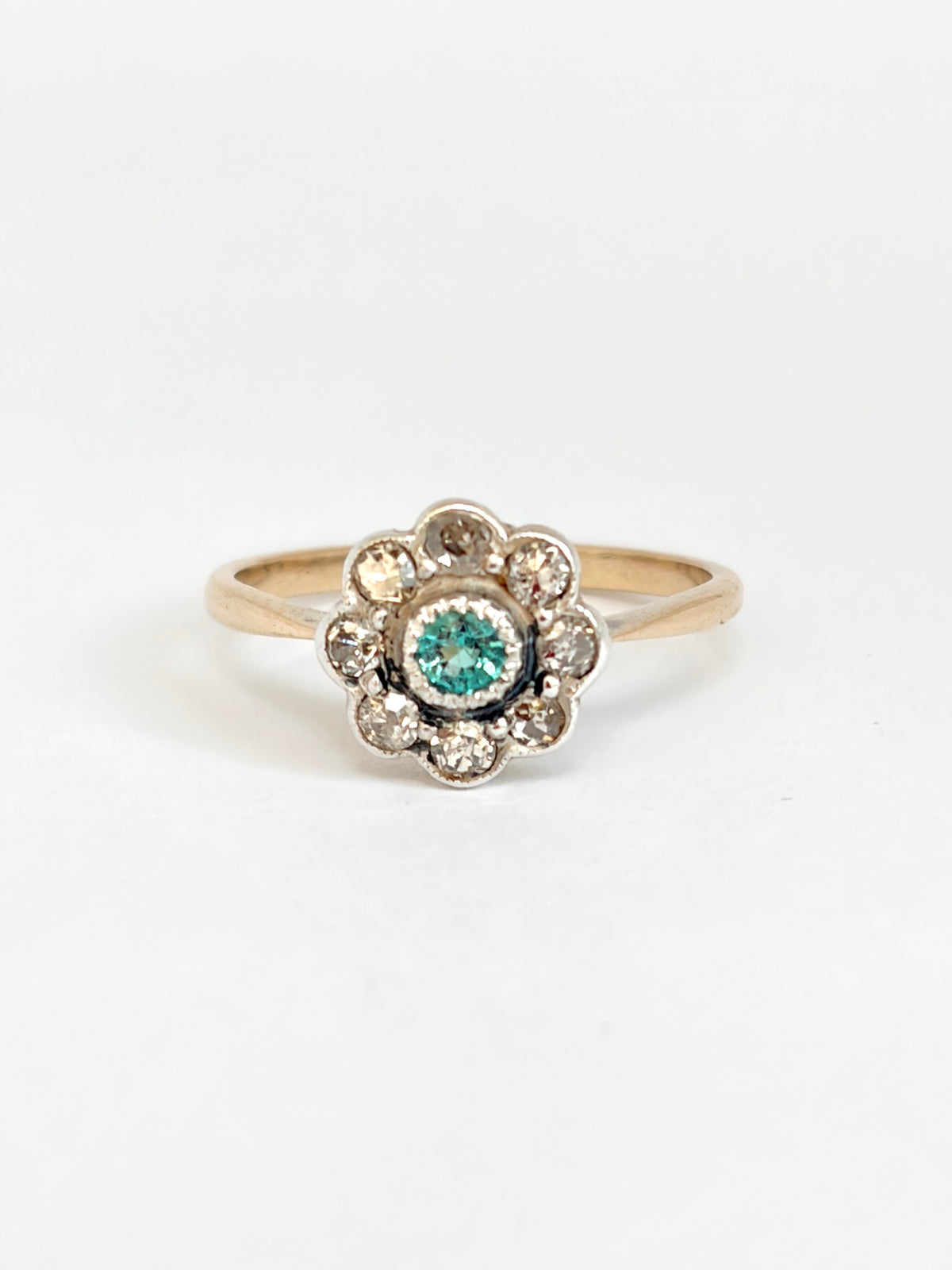 18ct Gold, Art Deco, Old Cut Diamond and Blue Zircon Cluster Ring