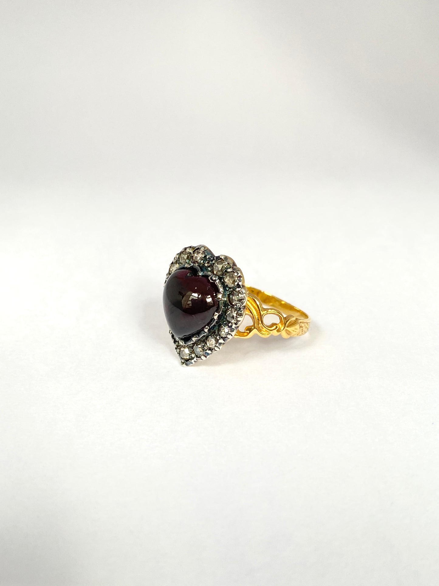 RESERVED STEPHANIE Antique 15ct Gold, rose Cut Diamond and Garnet Heart Cabachon Ring Draft