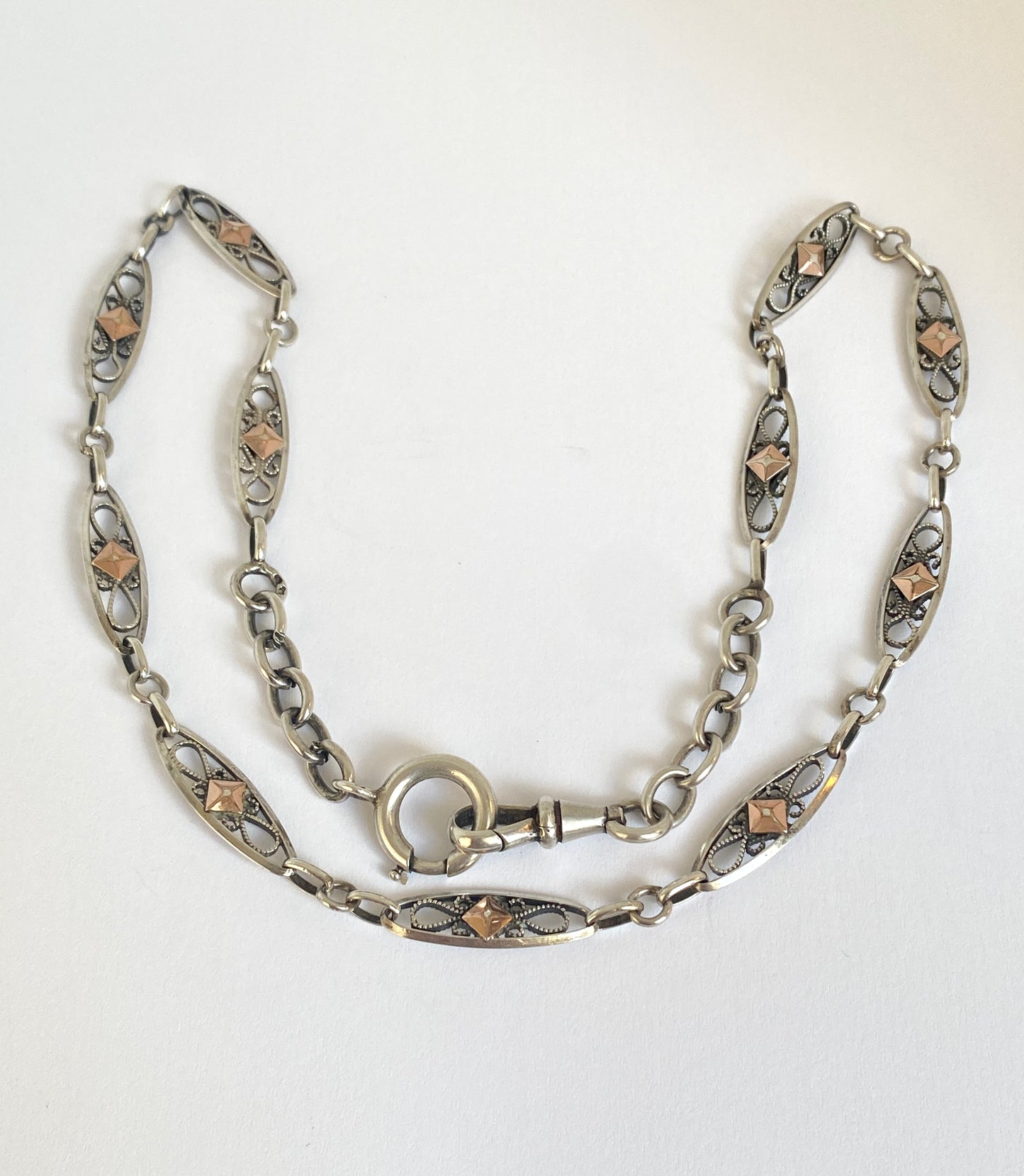 Antique, French Silver and Rose Gold, 16.5 inch Filigree chain, 12.50g