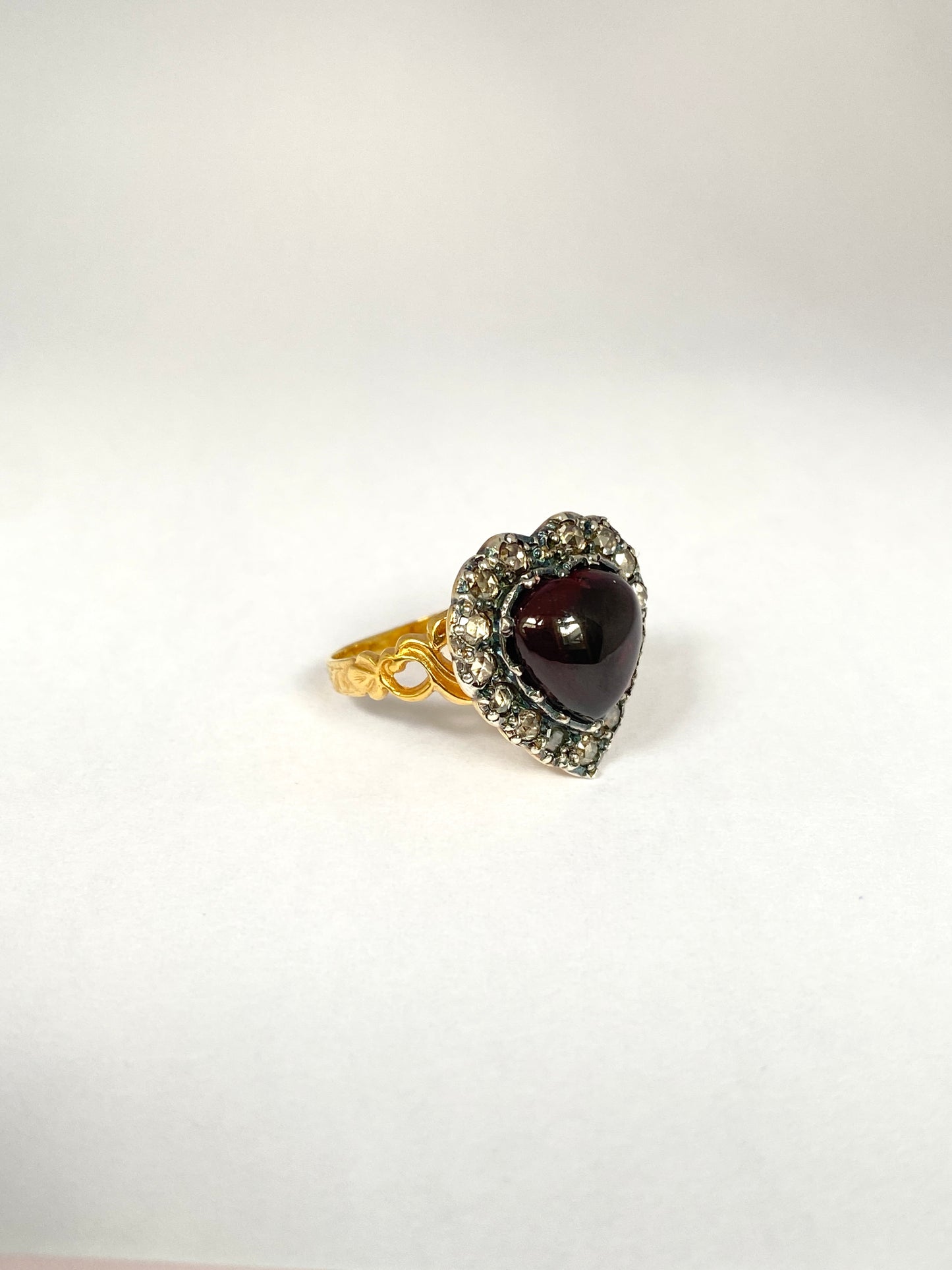 RESERVED STEPHANIE Antique 15ct Gold, rose Cut Diamond and Garnet Heart Cabachon Ring Draft