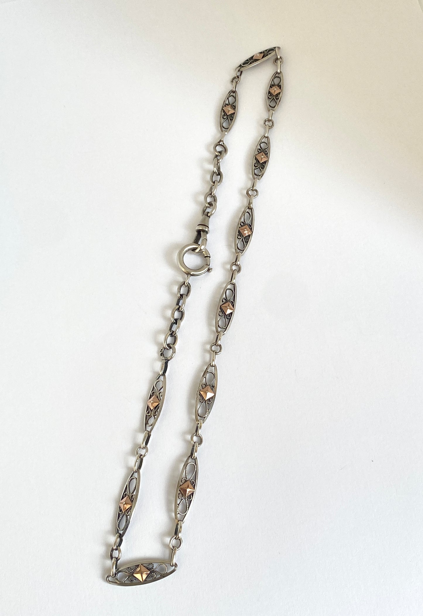 Antique, French Silver and Rose Gold, 16.5 inch Filigree chain, 12.50g