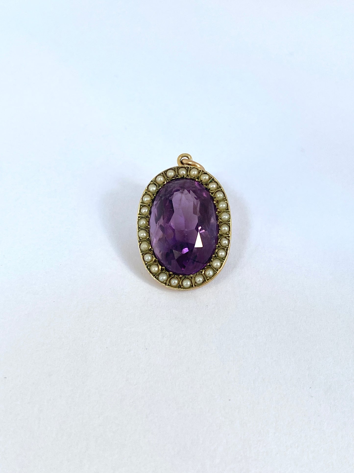 Large, Antique, Victorian 15ct Gold, Amethyst and Seed Pearl Cluster Pendant