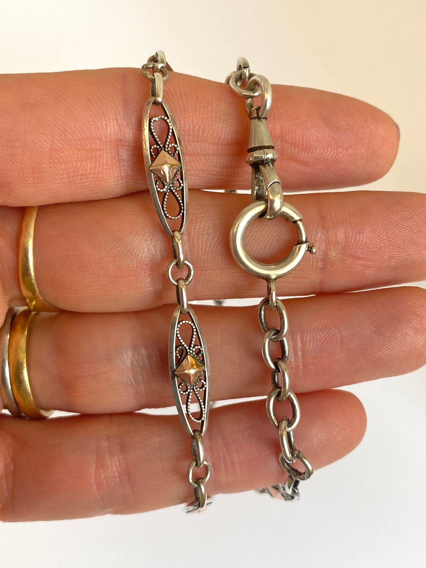 Antique, French Silver and Rose Gold, 16.5 inch Filigree chain, 12.50g