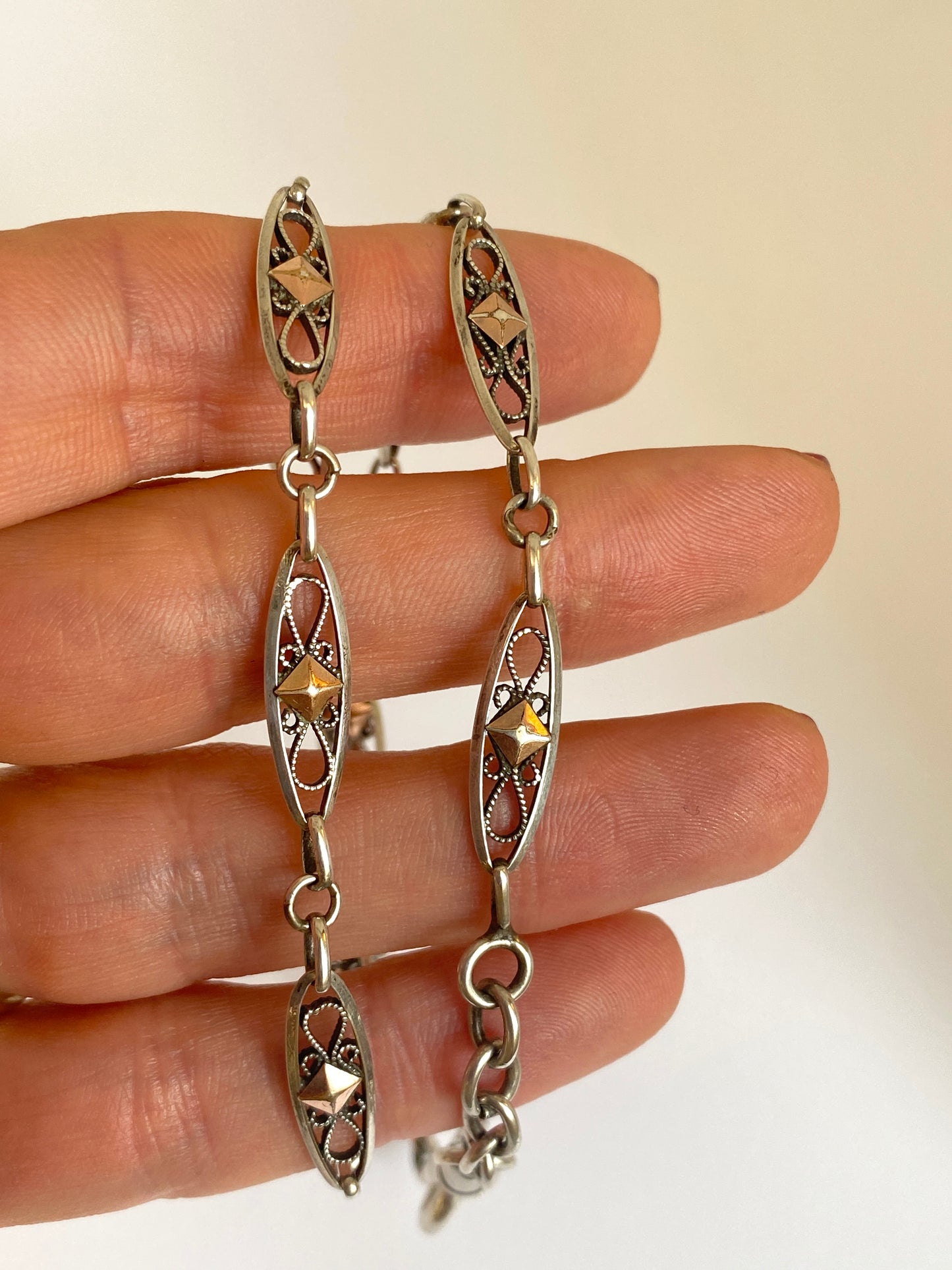 Antique, French Silver and Rose Gold, 16.5 inch Filigree chain, 12.50g