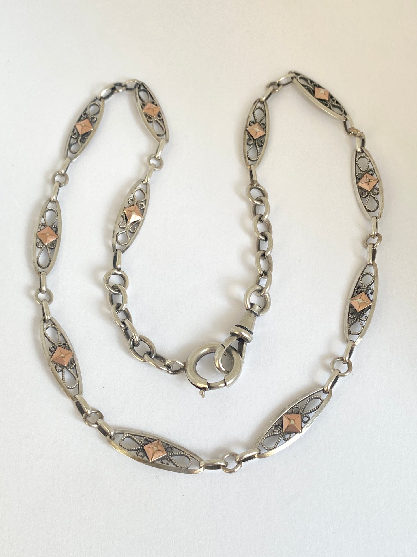 Antique, French Silver and Rose Gold, 16.5 inch Filigree chain, 12.50g