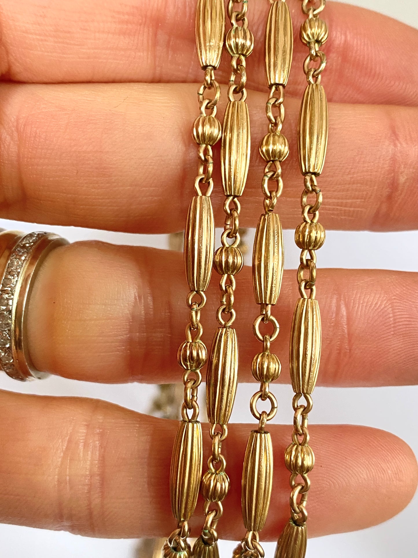 Unusual, Antique, 56 inch Rolled Gold, Victorian Fancy link, Long guard Chain, 26.5g