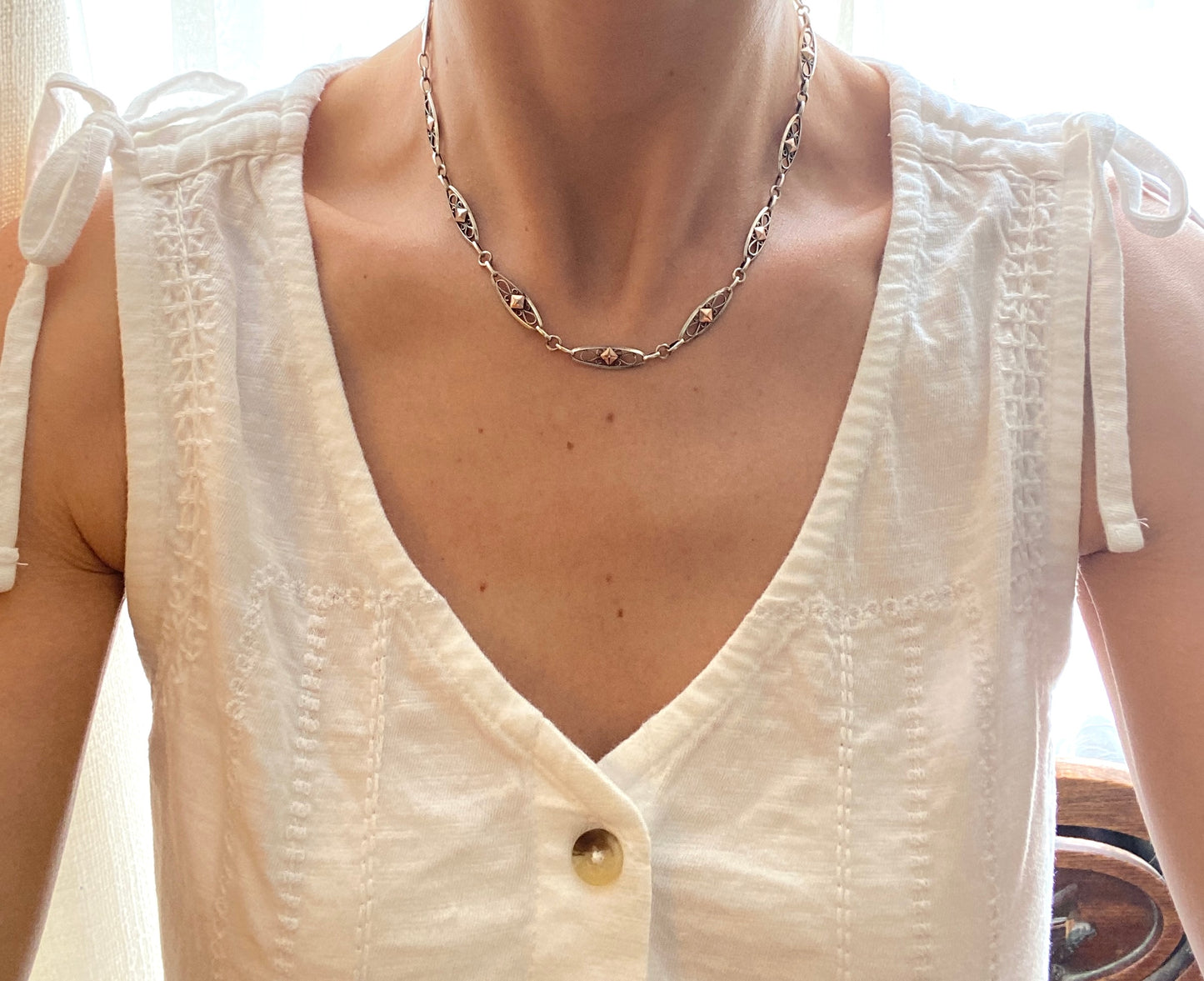 Antique, French Silver and Rose Gold, 16.5 inch Filigree chain, 12.50g