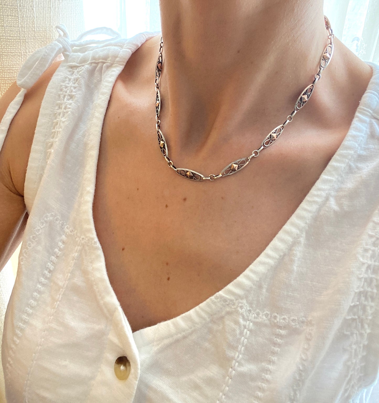 Antique, French Silver and Rose Gold, 16.5 inch Filigree chain, 12.50g