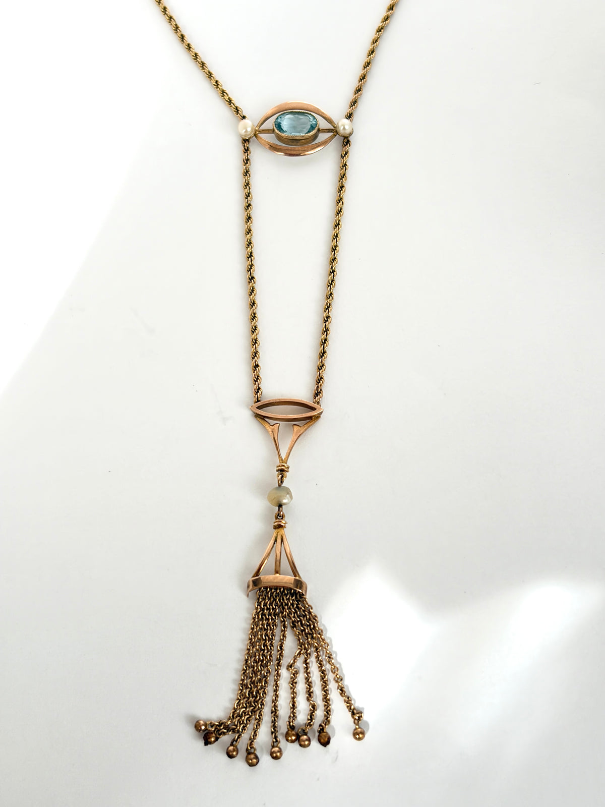 Art Deco 9ct Gold Aquamarine Rope Necklace with Tassel