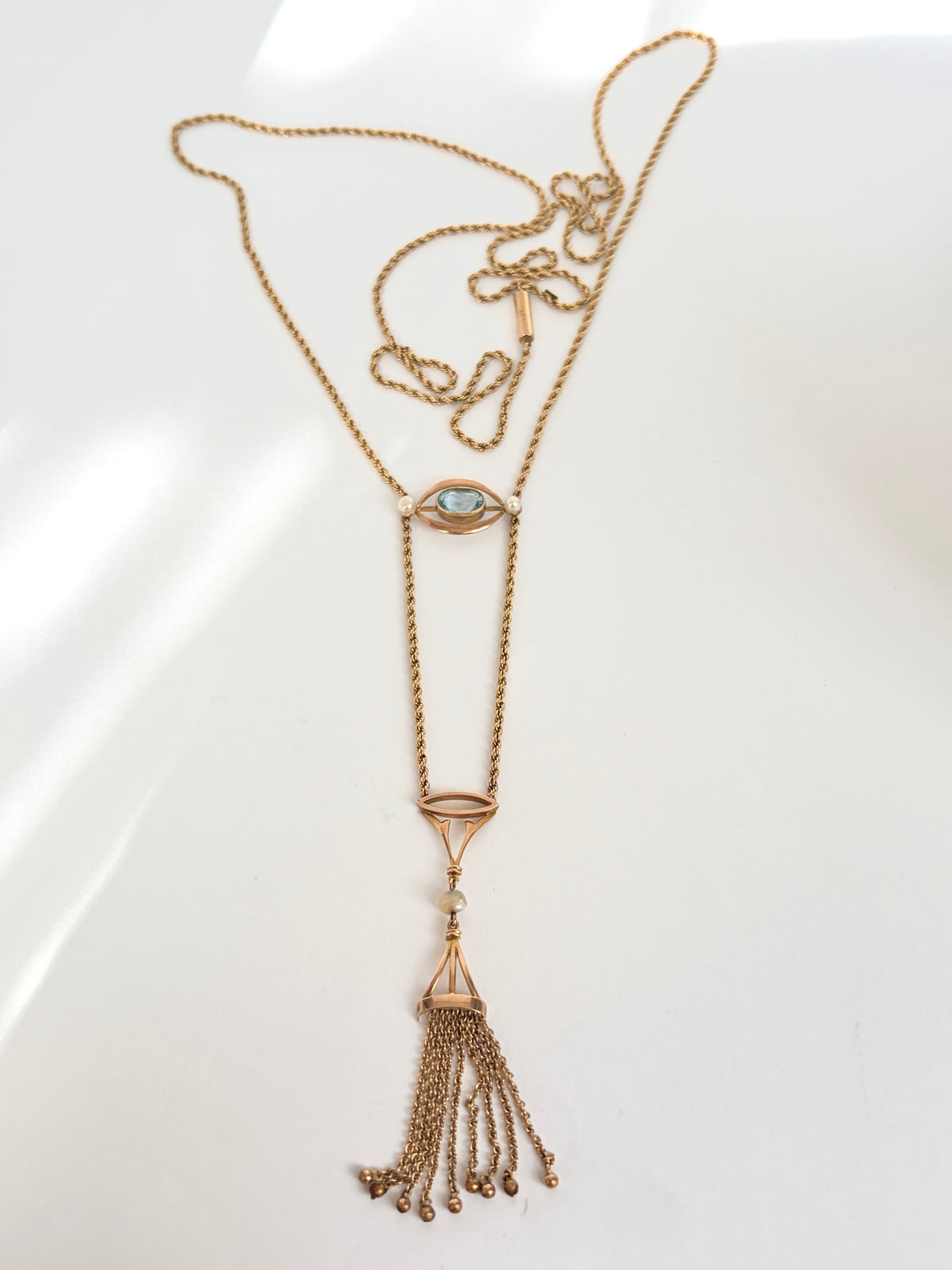 Art Deco 9ct Gold Aquamarine Rope Necklace with Tassel
