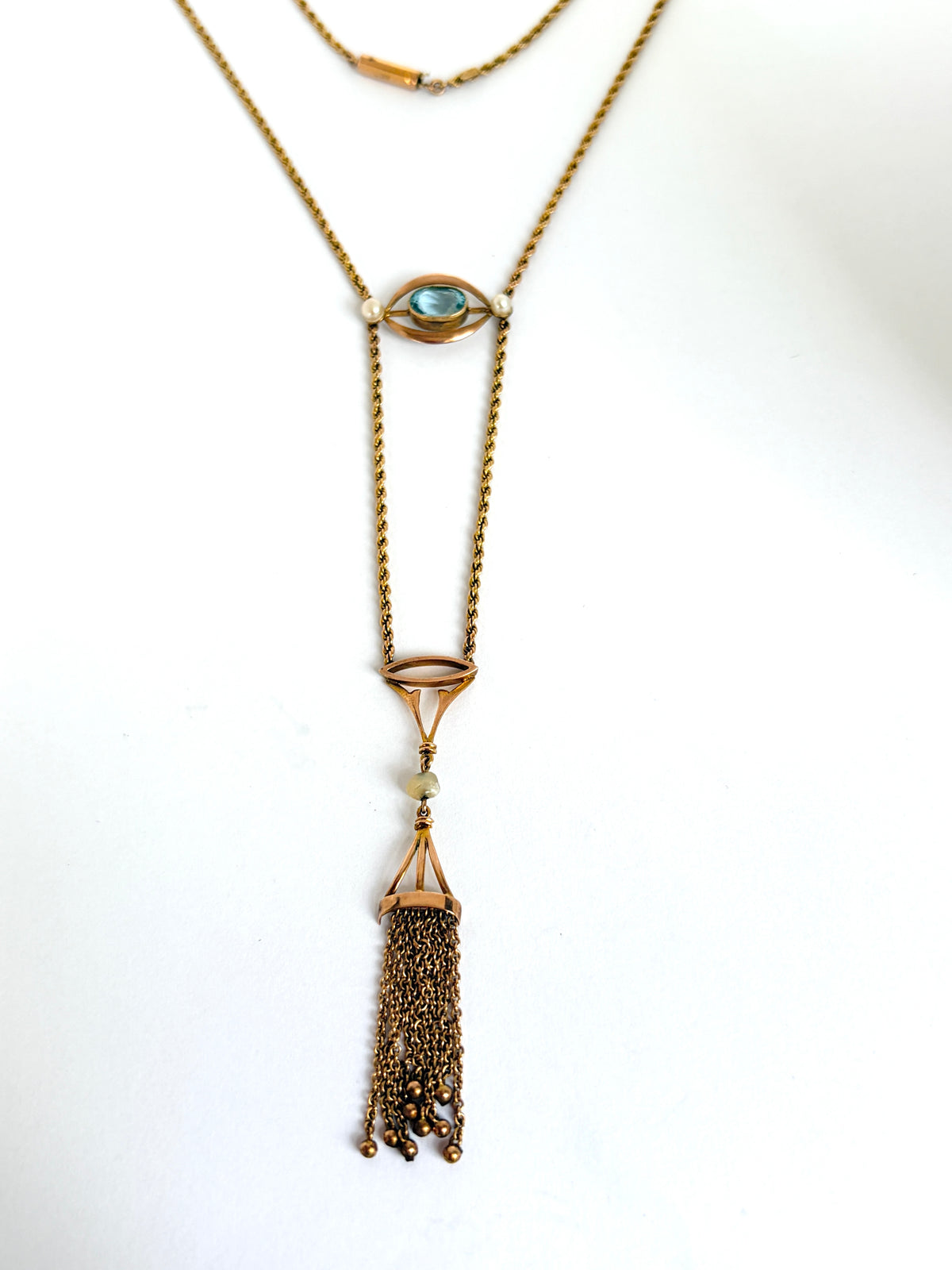 Art Deco 9ct Gold Aquamarine Rope Necklace with Tassel