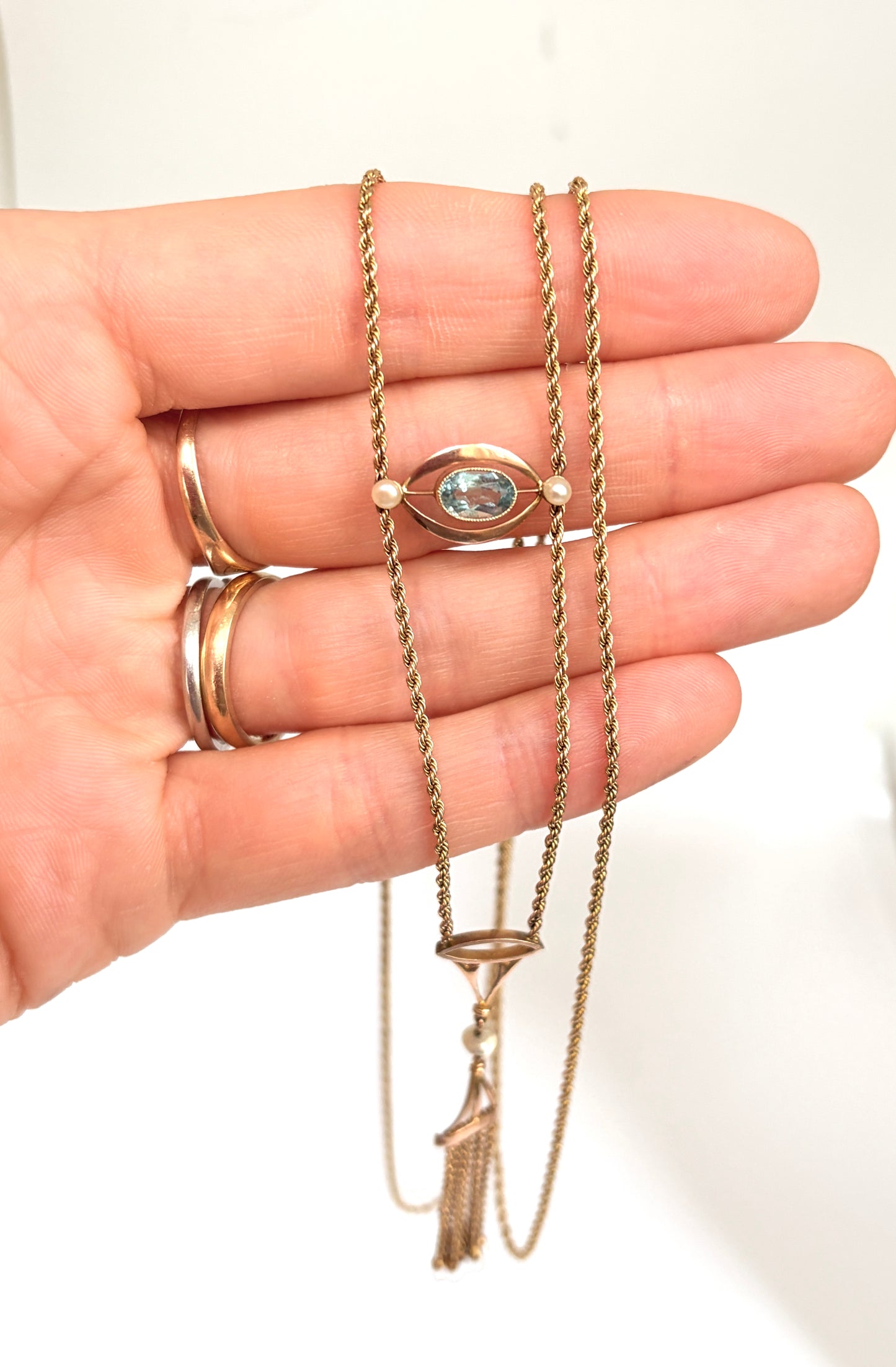 Art Deco 9ct Gold Aquamarine Rope Necklace with Tassel