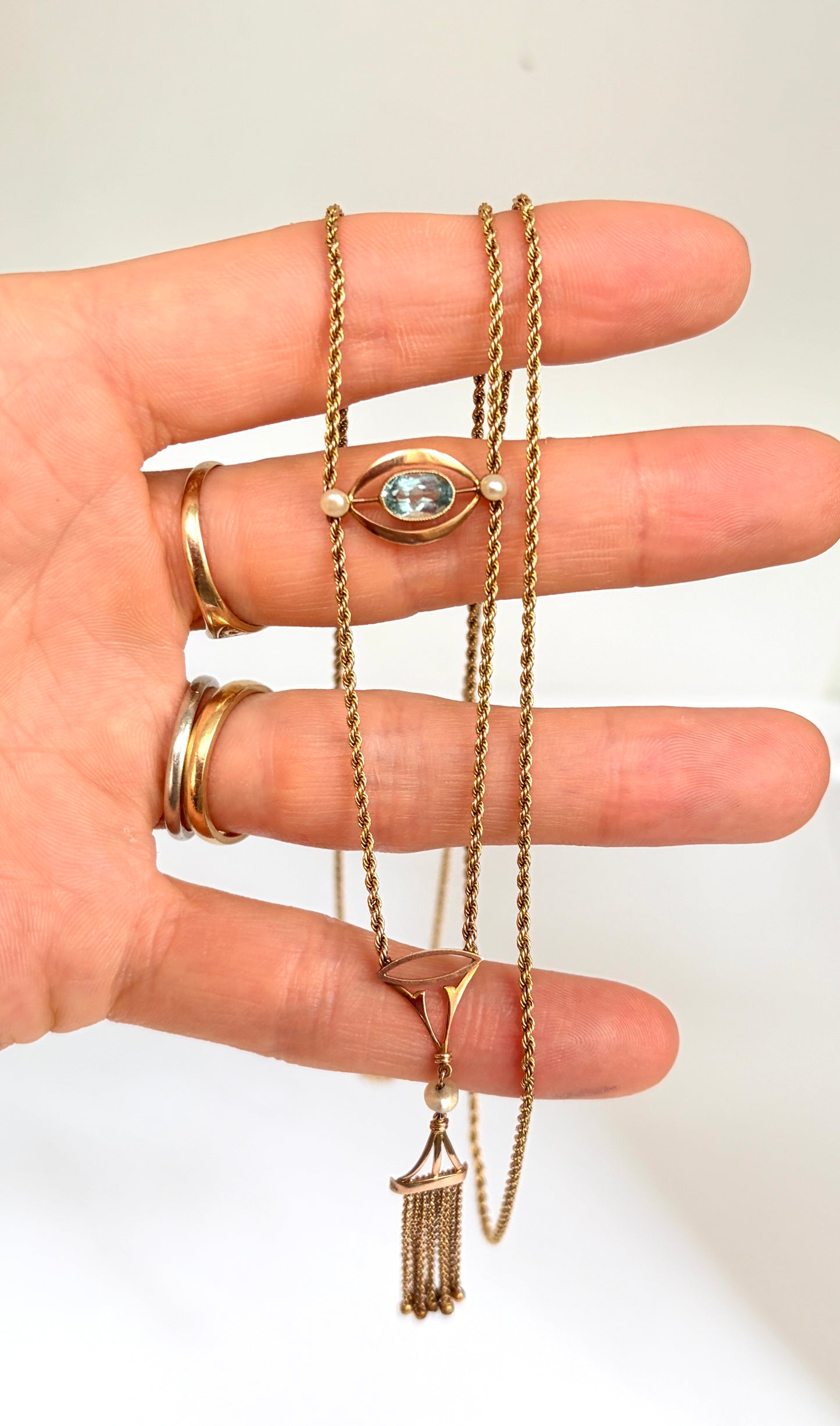 Art Deco 9ct Gold Aquamarine Rope Necklace with Tassel
