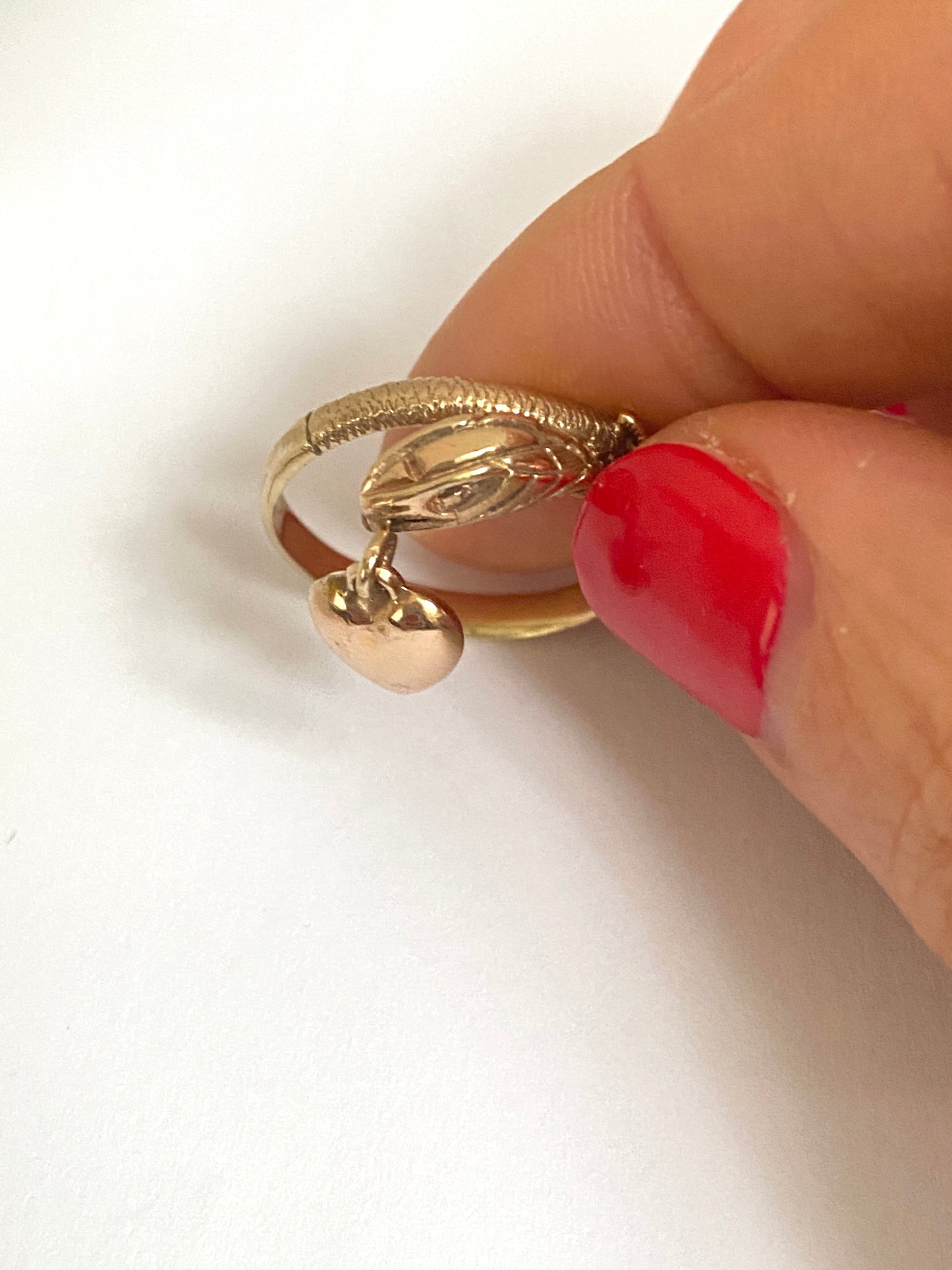 9ct Gold Vintage Snake Ring with Hanging Heart