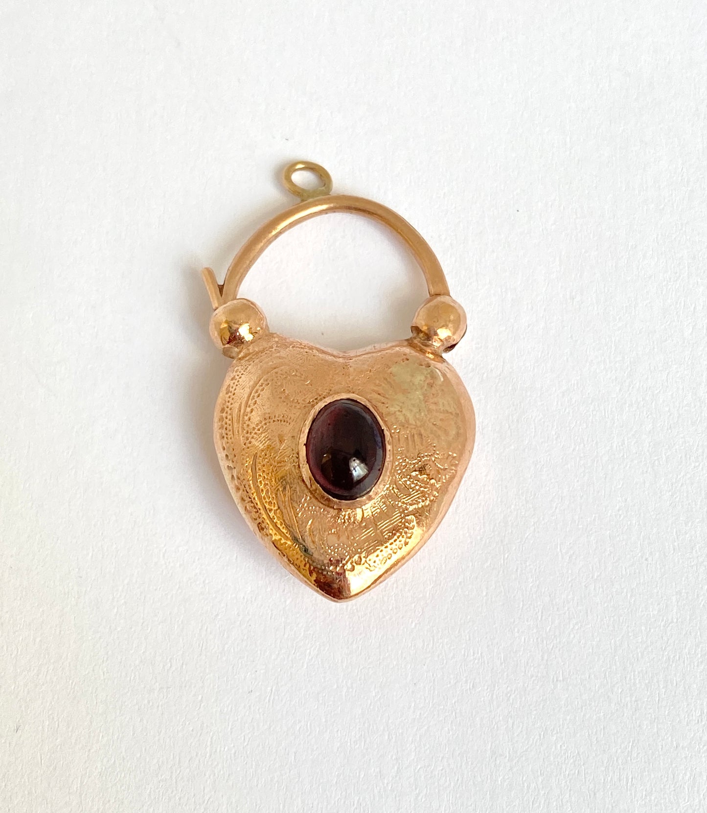 Rare, Antique, 9ct Rosy Gold and Garnet Puffy Heart Padlock Clasp/Pendant (6.59g)