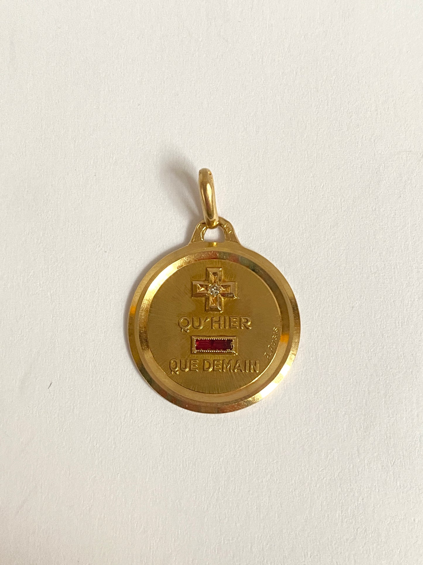 2nd payment Antique, 18ct Gold, Diamond and Ruby French Augis Love Pendant, 'Qu'hier - Que demain'