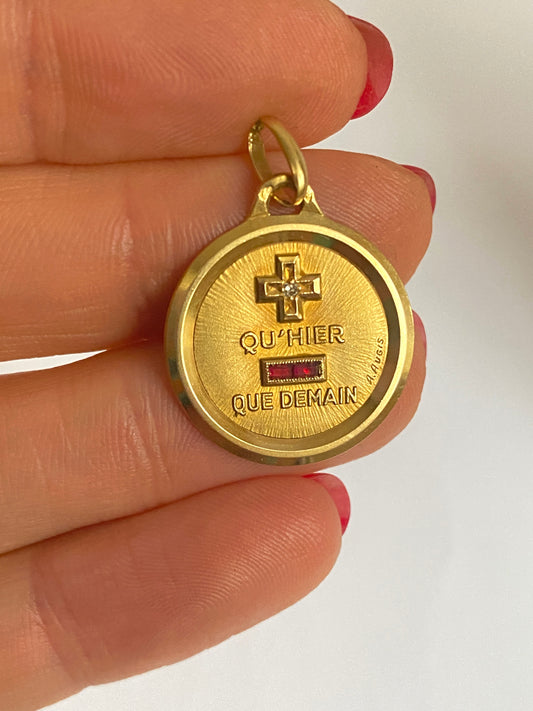 2nd payment Antique, 18ct Gold, Diamond and Ruby French Augis Love Pendant, 'Qu'hier - Que demain'