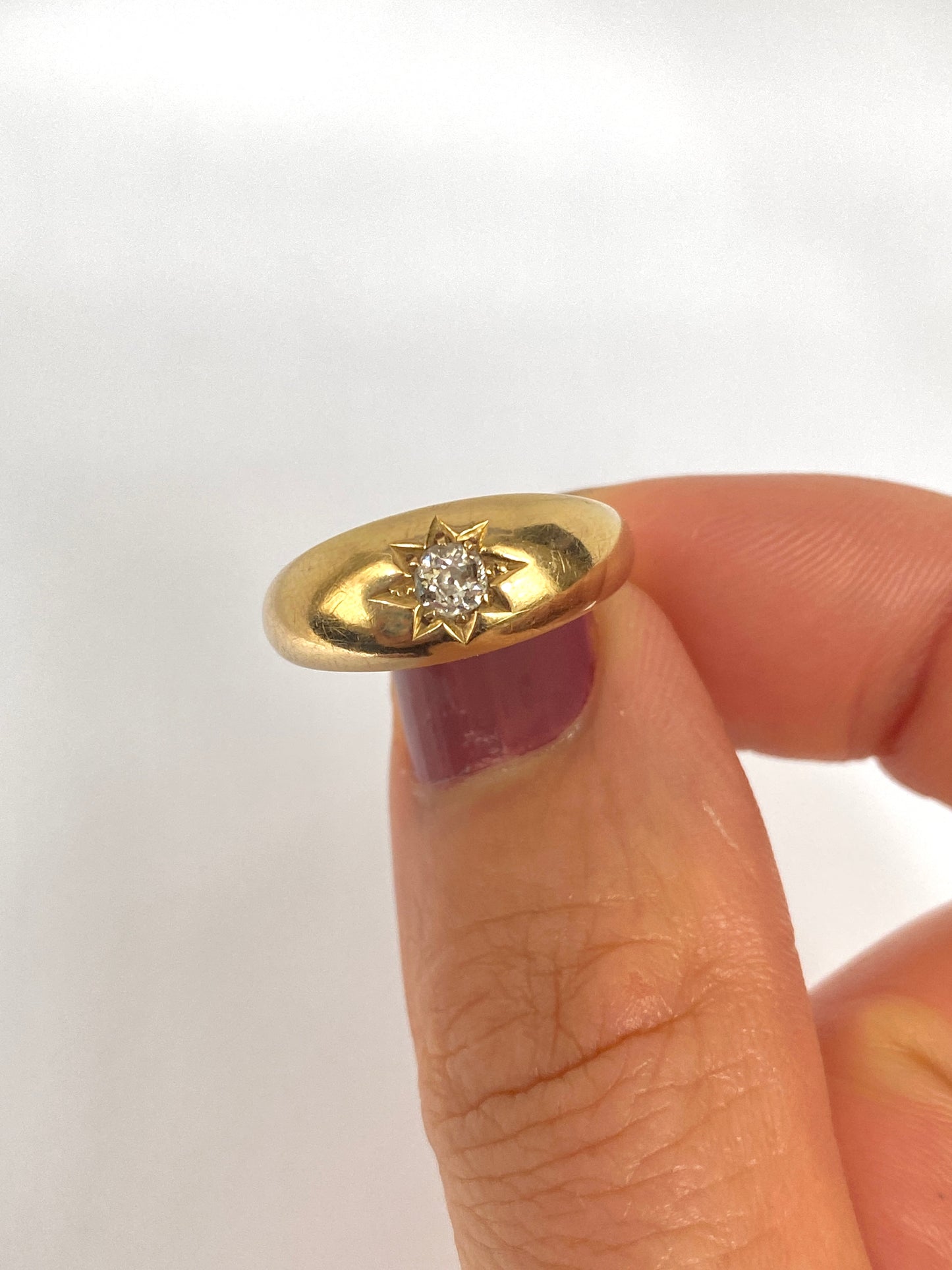 Antique, Gypsy Solitaire Diamond Starburst Ring, Hallmarked 18ct Gold, Birmingham, 1901