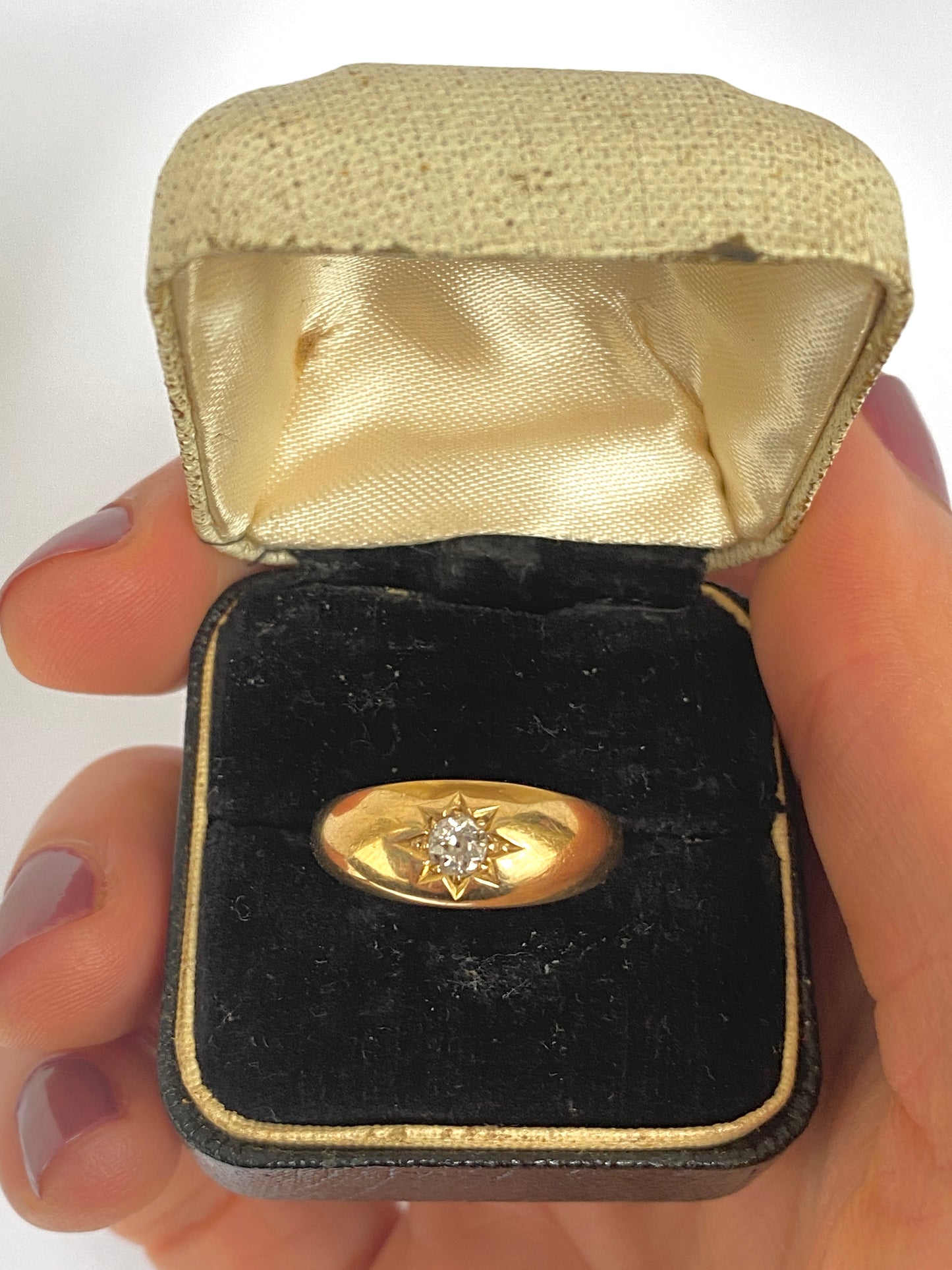 Antique, Gypsy Solitaire Diamond Starburst Ring, Hallmarked 18ct Gold, Birmingham, 1901