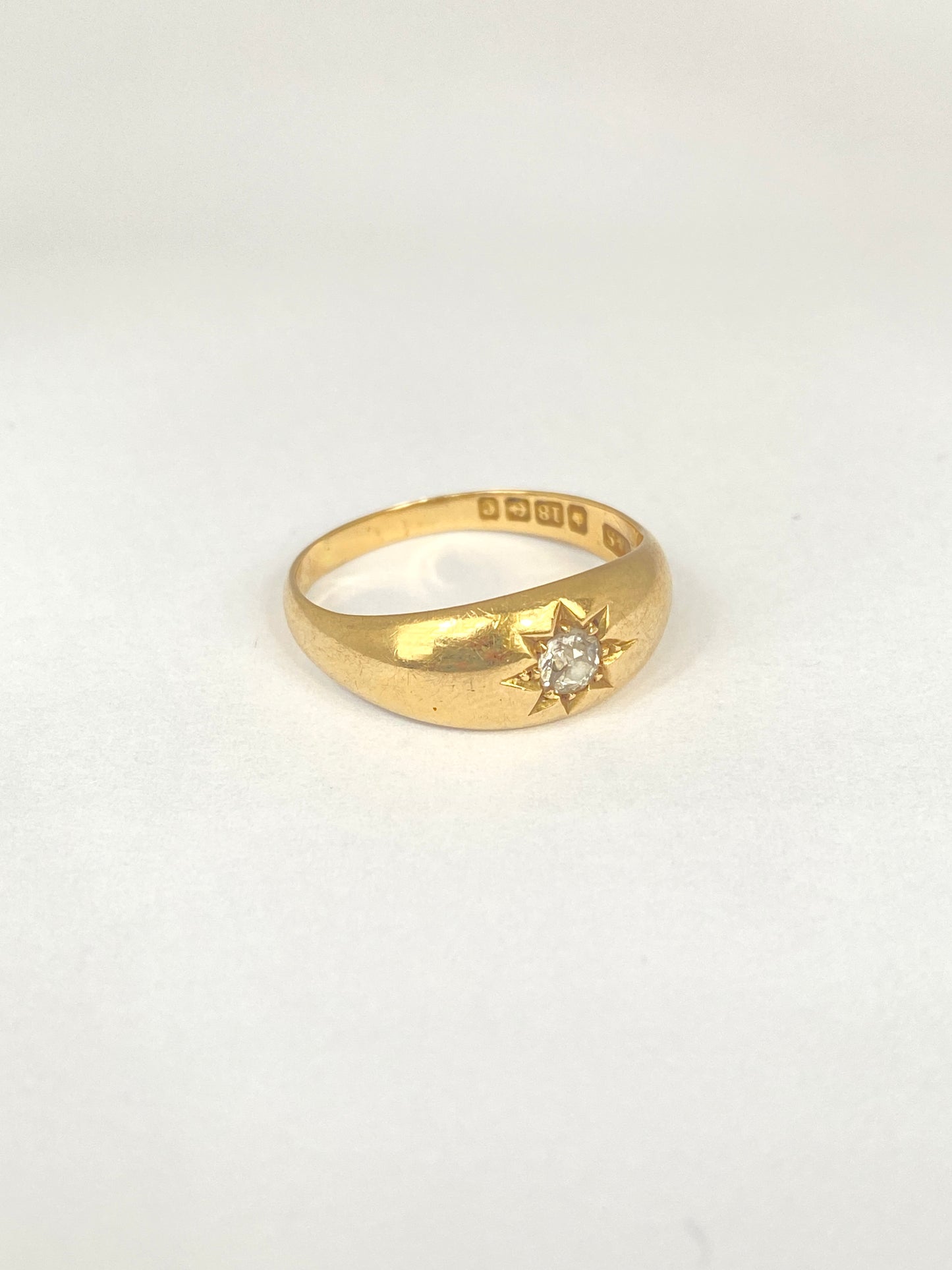 Antique, Gypsy Solitaire Diamond Starburst Ring, Hallmarked 18ct Gold, Birmingham, 1901