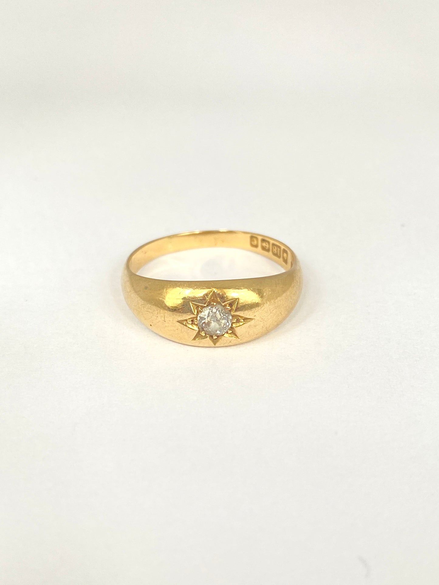 Antique, Gypsy Solitaire Diamond Starburst Ring, Hallmarked 18ct Gold, Birmingham, 1901