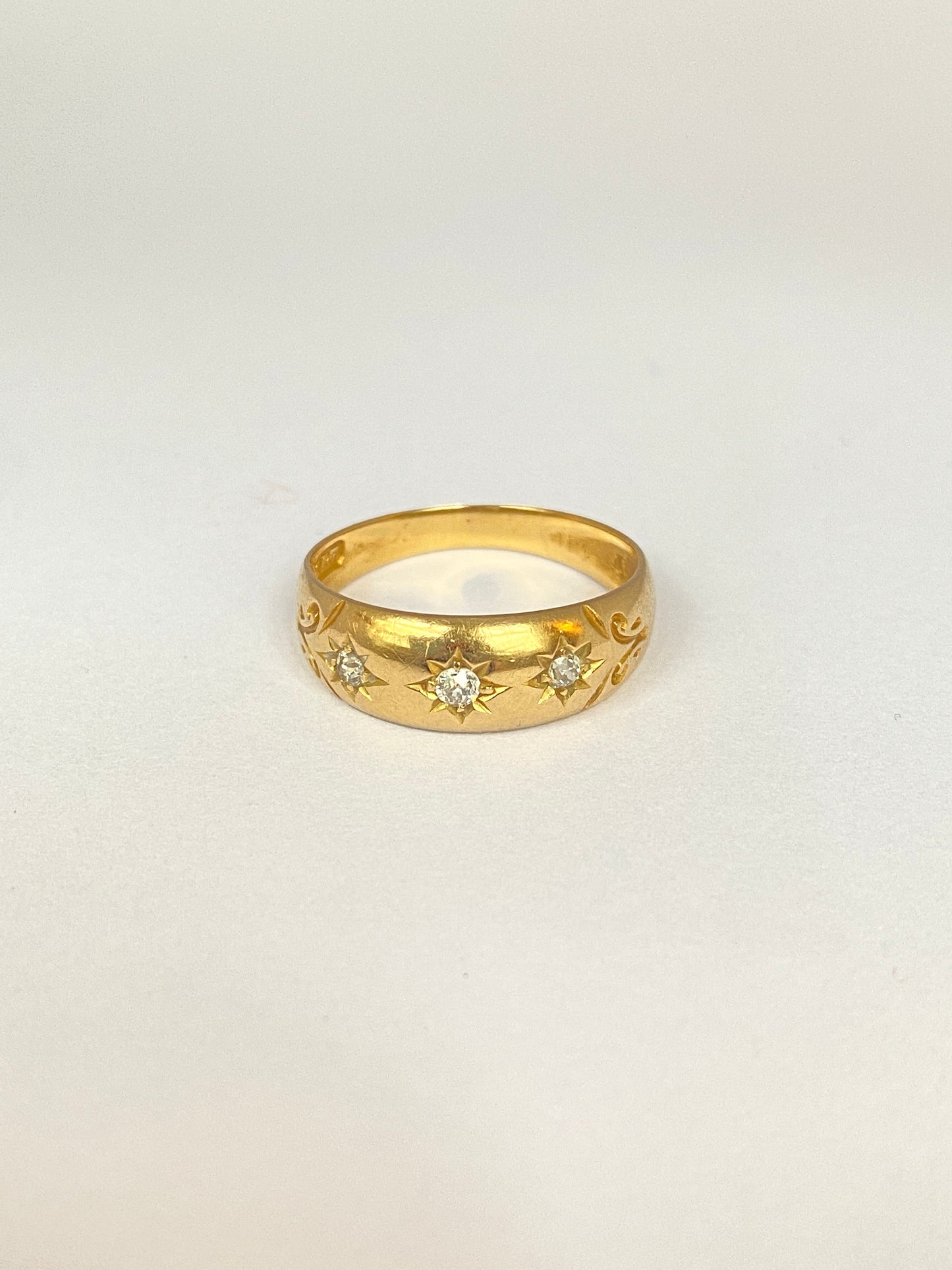 Antique, 18ct Gold, Old Cut Diamond, 3 Star, Gypsy Ring, Hallmarked 18ct Gold, Birmingham, 1896