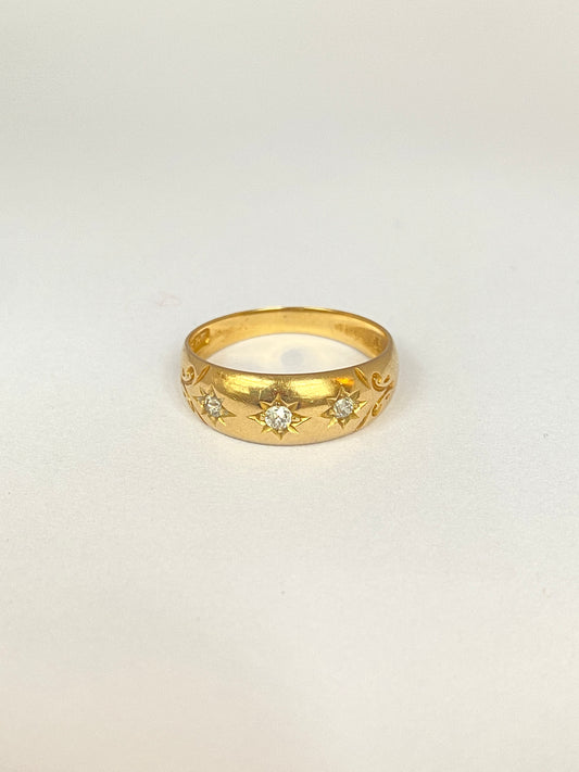 Antique, 18ct Gold, Old Cut Diamond, 3 Star, Gypsy Ring, Hallmarked 18ct Gold, Birmingham, 1896