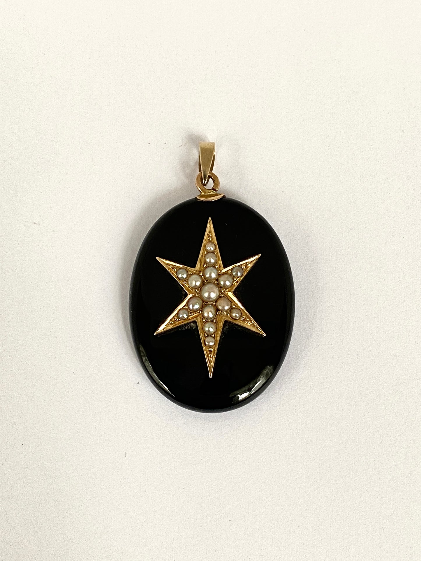 9ct Gold, Victorian Black Onyx Seed Pearl Celestial Locket Pendant (9.86g)