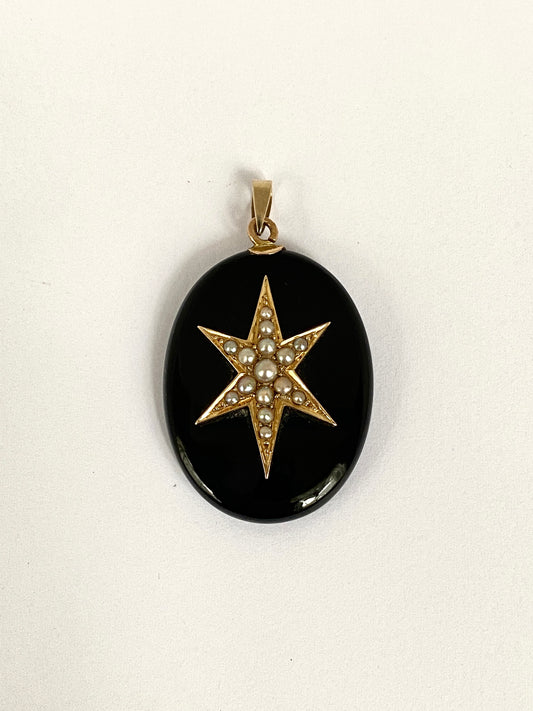 9ct Gold, Victorian Black Onyx Seed Pearl Celestial Locket Pendant (9.86g)