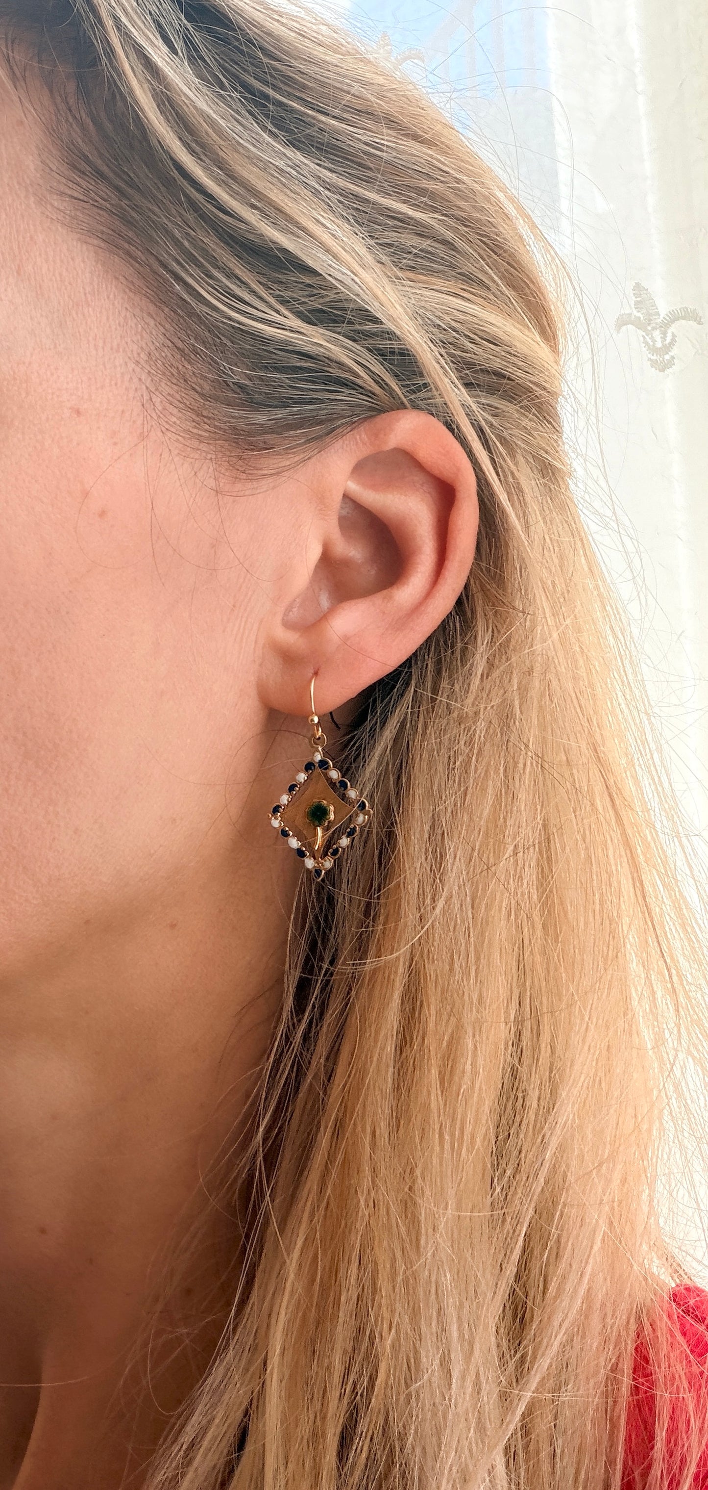 Art Deco, 14ct Gold, Enamel4 leaf clover Earrings