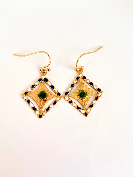 Art Deco, 14ct Gold, Enamel4 leaf clover Earrings