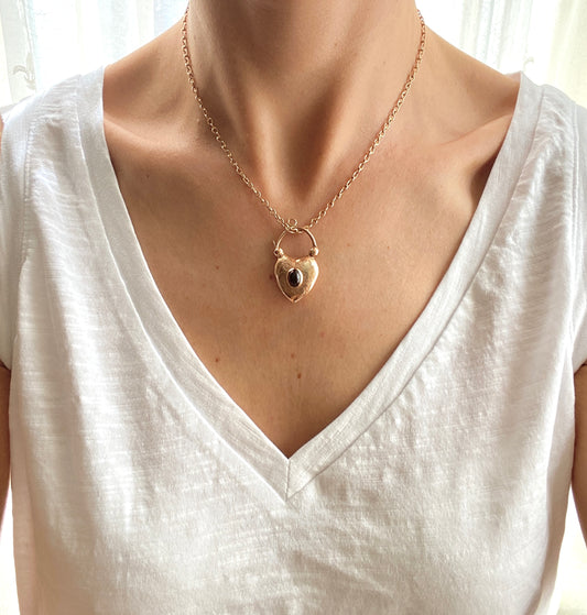 Rare, Antique, 9ct Rosy Gold and Garnet Puffy Heart Padlock Clasp/Pendant (6.59g)