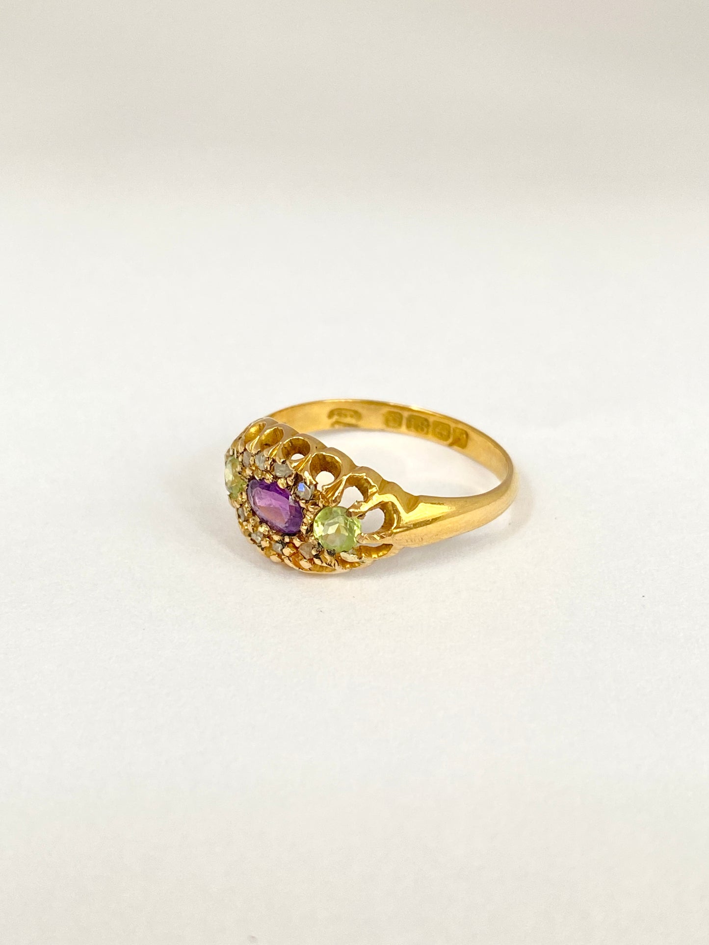 Vintage, 18ct Gold, Antique Amethyst, Peridot and Diamond Ring (Suffragette Colours)