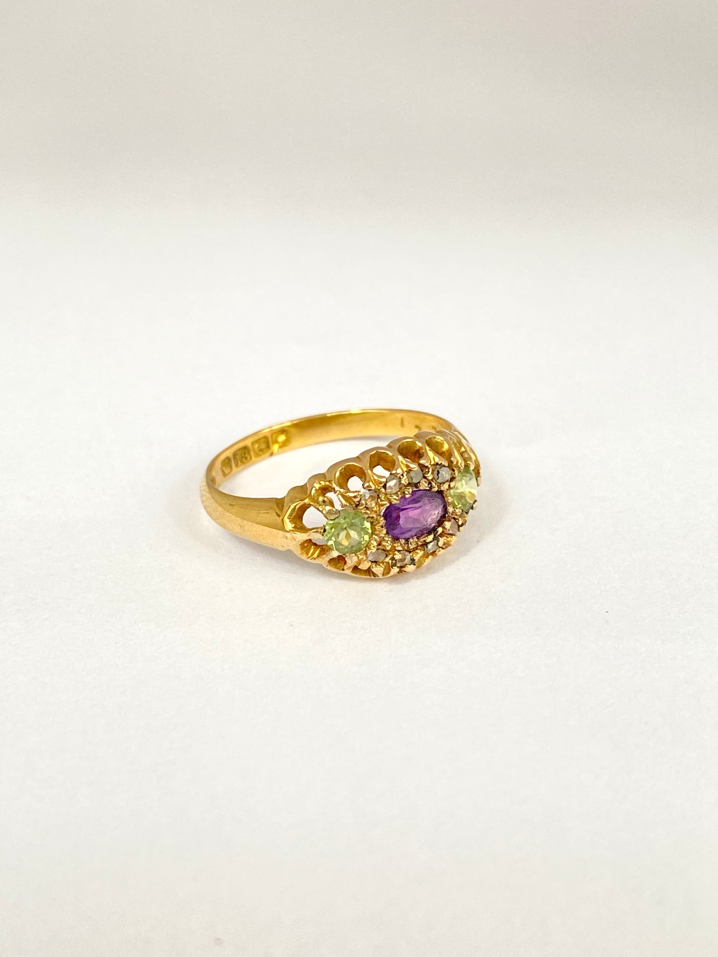 Vintage, 18ct Gold, Antique Amethyst, Peridot and Diamond Ring (Suffragette Colours)