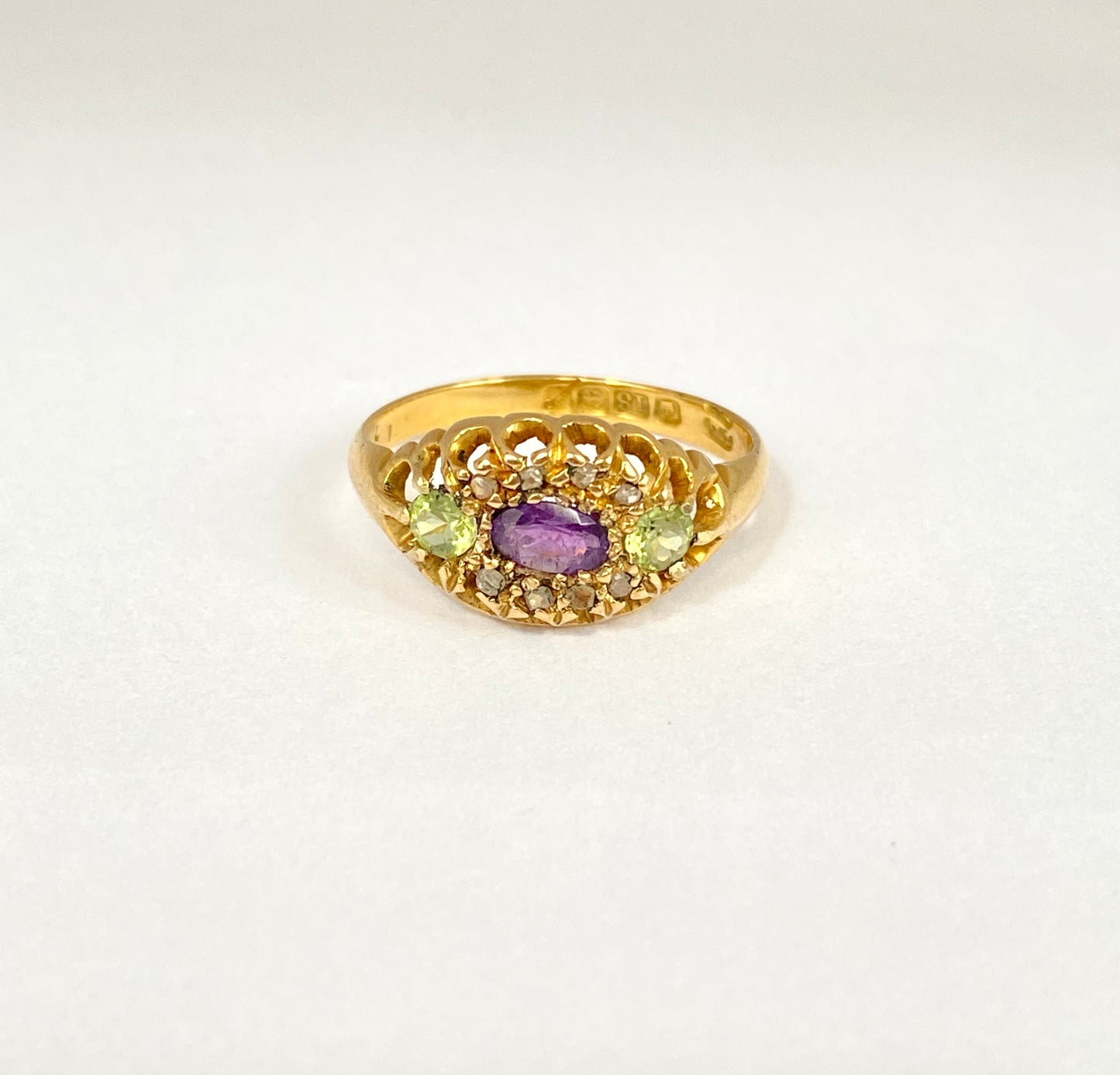 Vintage, 18ct Gold, Antique Amethyst, Peridot and Diamond Ring (Suffragette Colours)