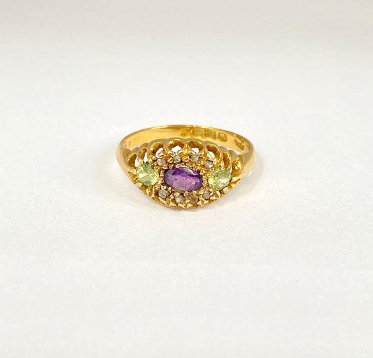 Vintage, 18ct Gold, Antique Amethyst, Peridot and Diamond Ring (Suffragette Colours)