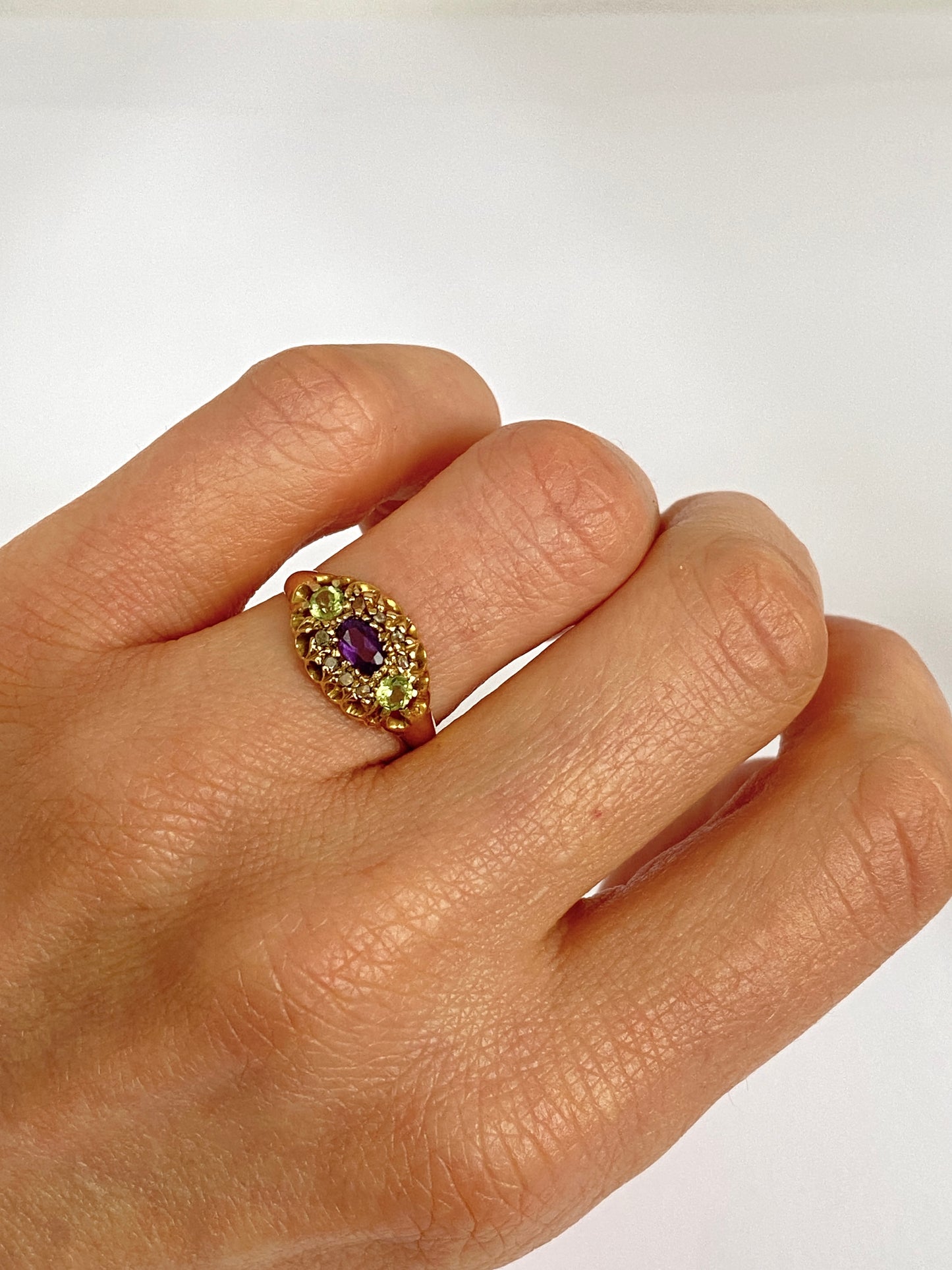 Vintage, 18ct Gold, Antique Amethyst, Peridot and Diamond Ring (Suffragette Colours)